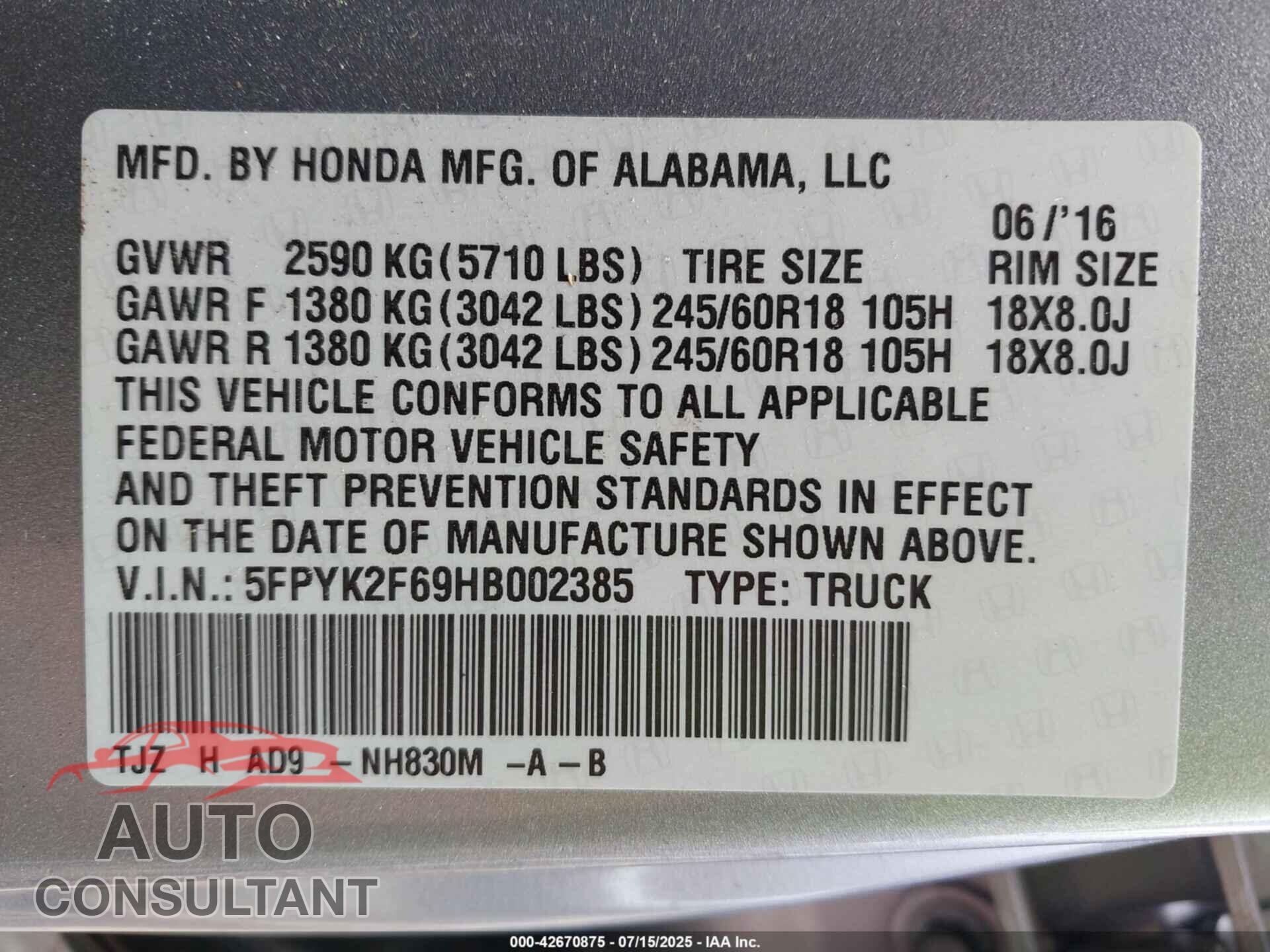 HONDA RIDGELINE 2017 - 5FPYK2F69HB002385