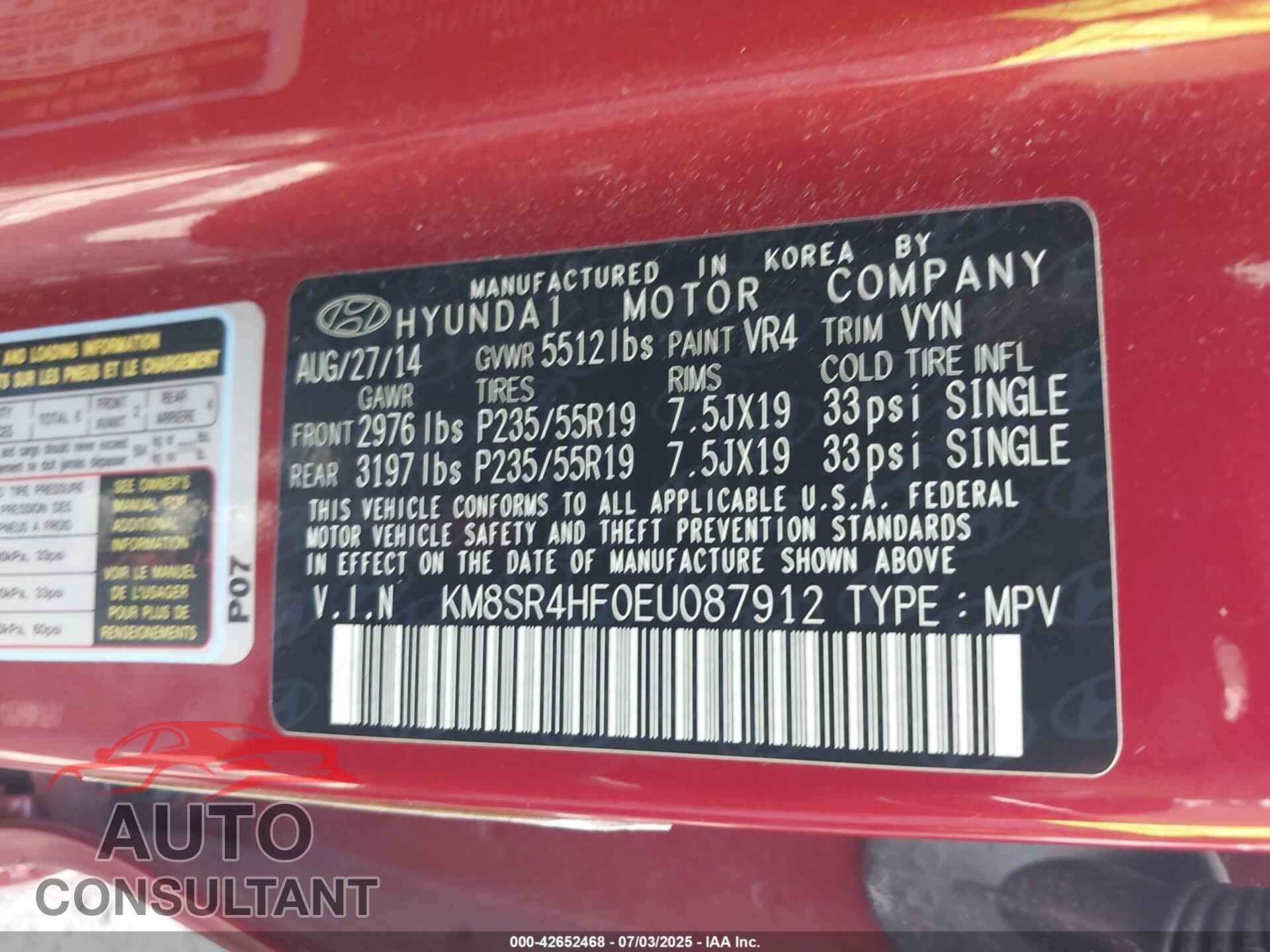 HYUNDAI SANTA FE 2014 - KM8SR4HF0EU087912