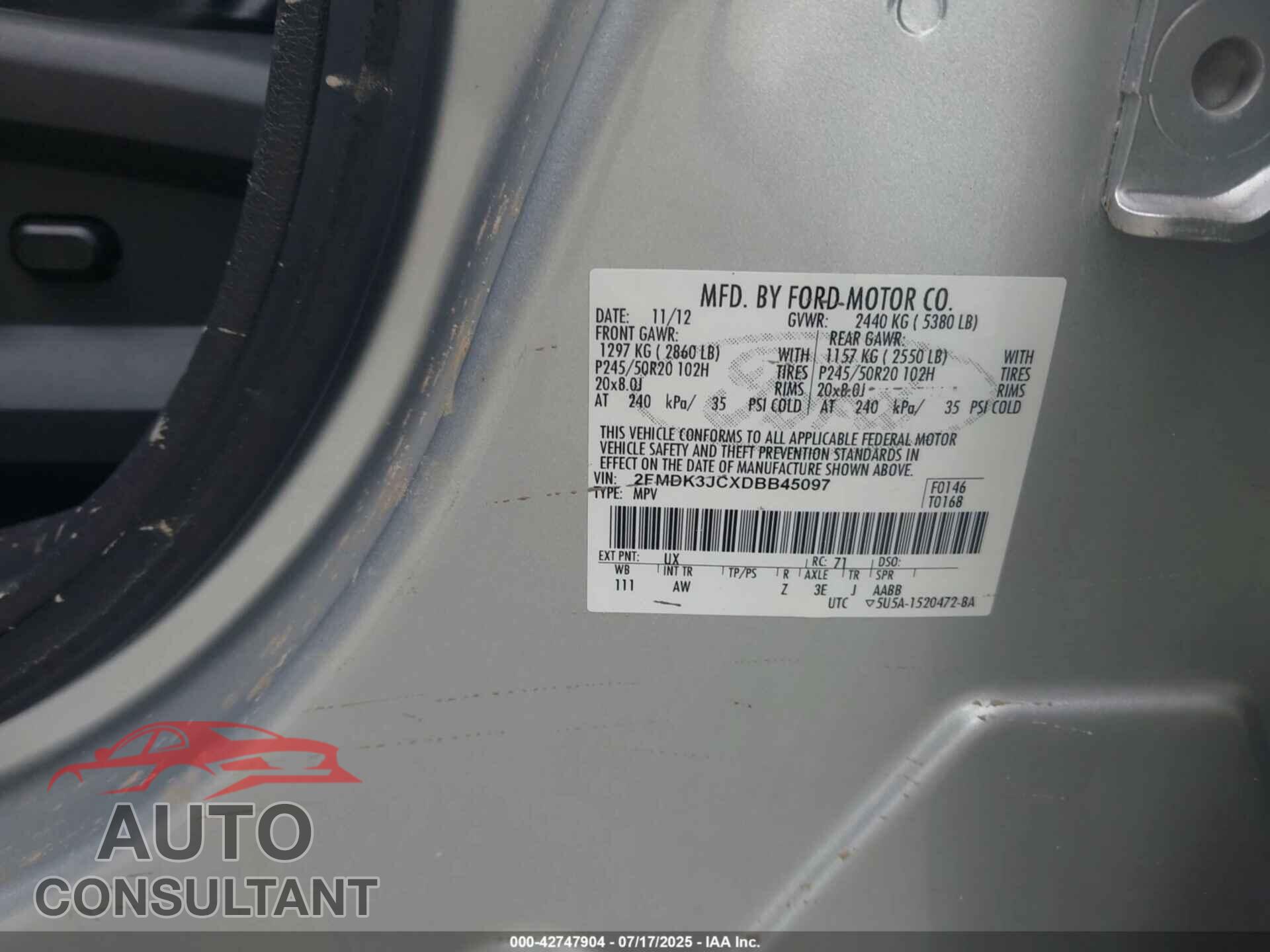 FORD EDGE 2013 - 2FMDK3JCXDBB45097