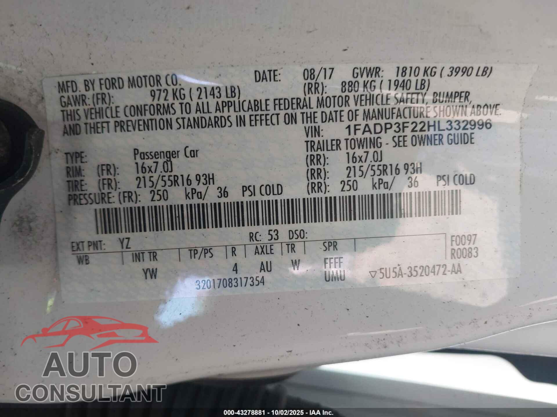 FORD FOCUS 2017 - 1FADP3F22HL332996