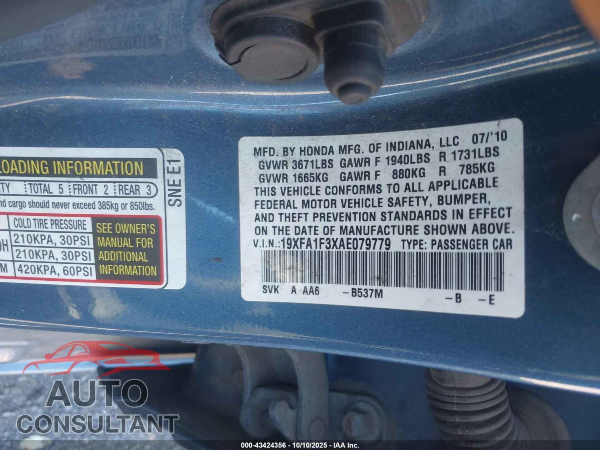 HONDA CIVIC 2010 - 19XFA1F3XAE079779