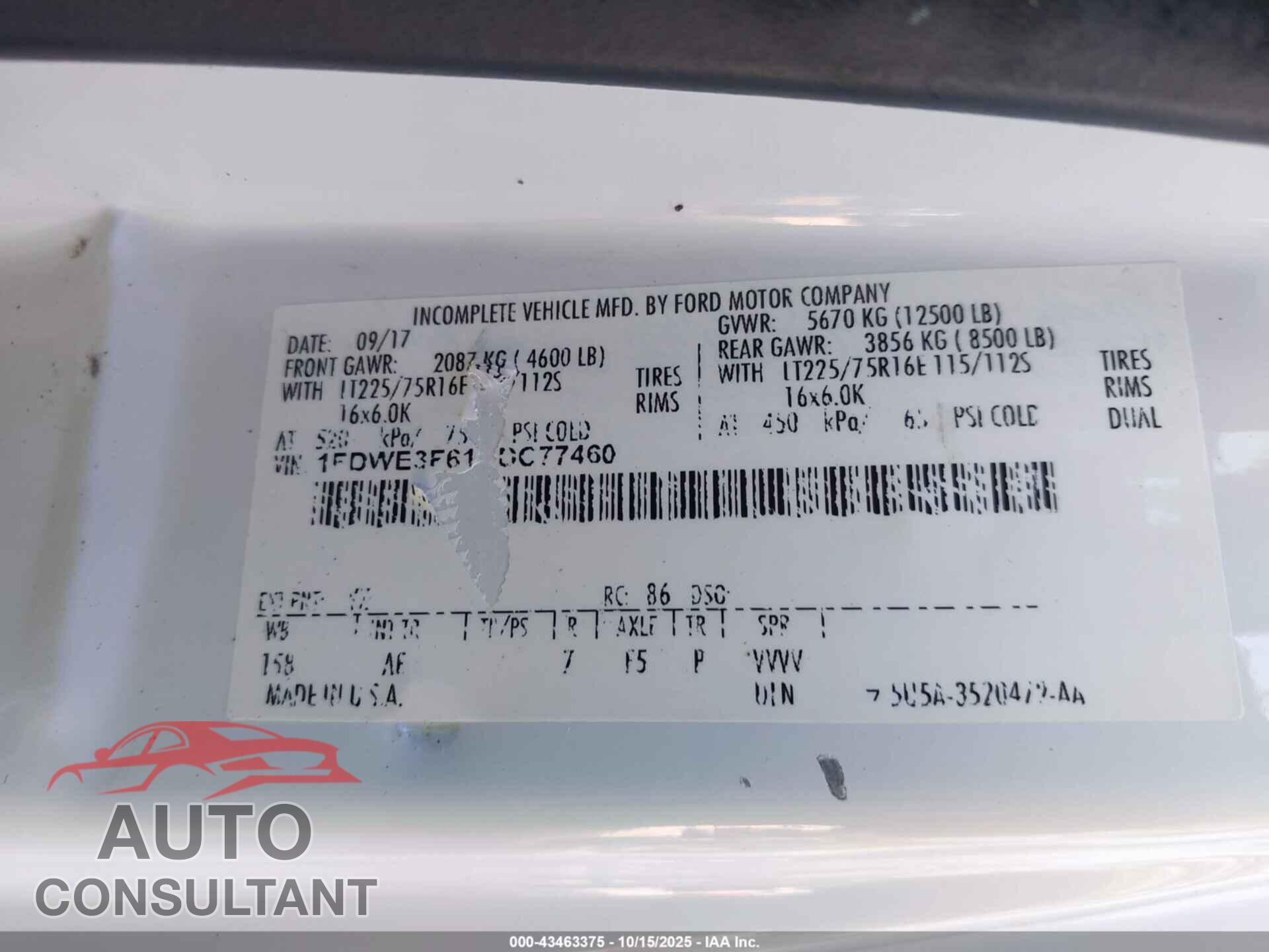 FORD E-350 CUTAWAY 2017 - 1FDWE3F61HDC77460