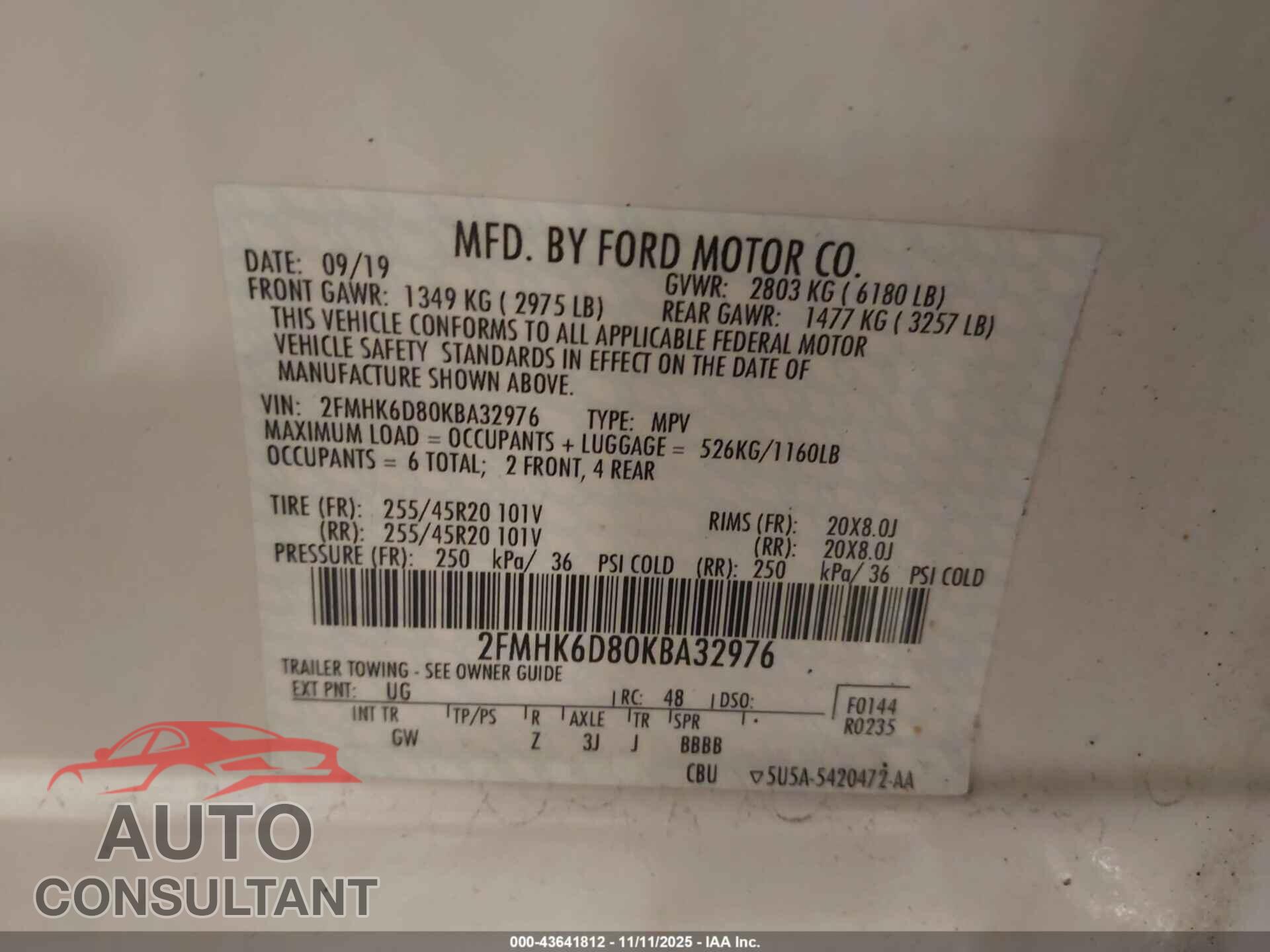 FORD FLEX 2019 - 2FMHK6D80KBA32976