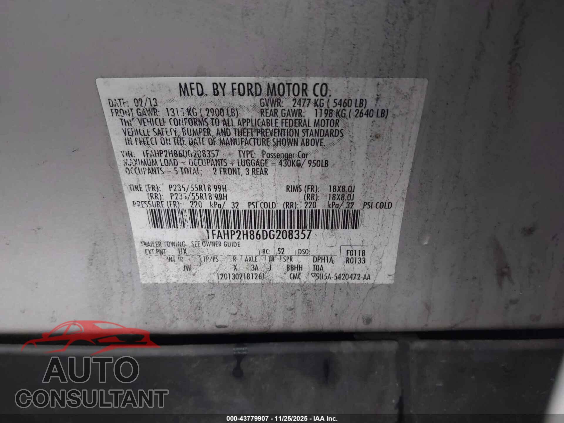 FORD TAURUS 2013 - 1FAHP2H86DG208357