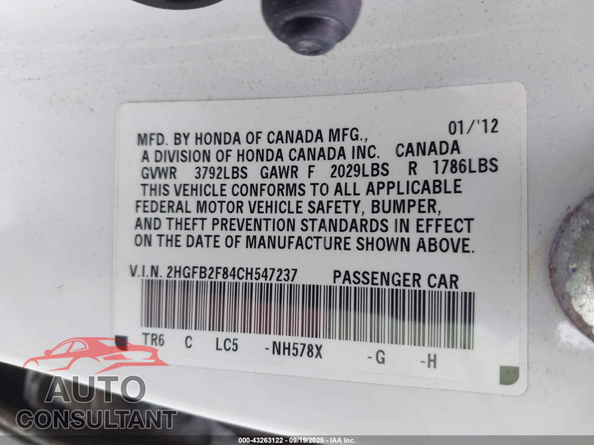HONDA CIVIC 2012 - 2HGFB2F84CH547237