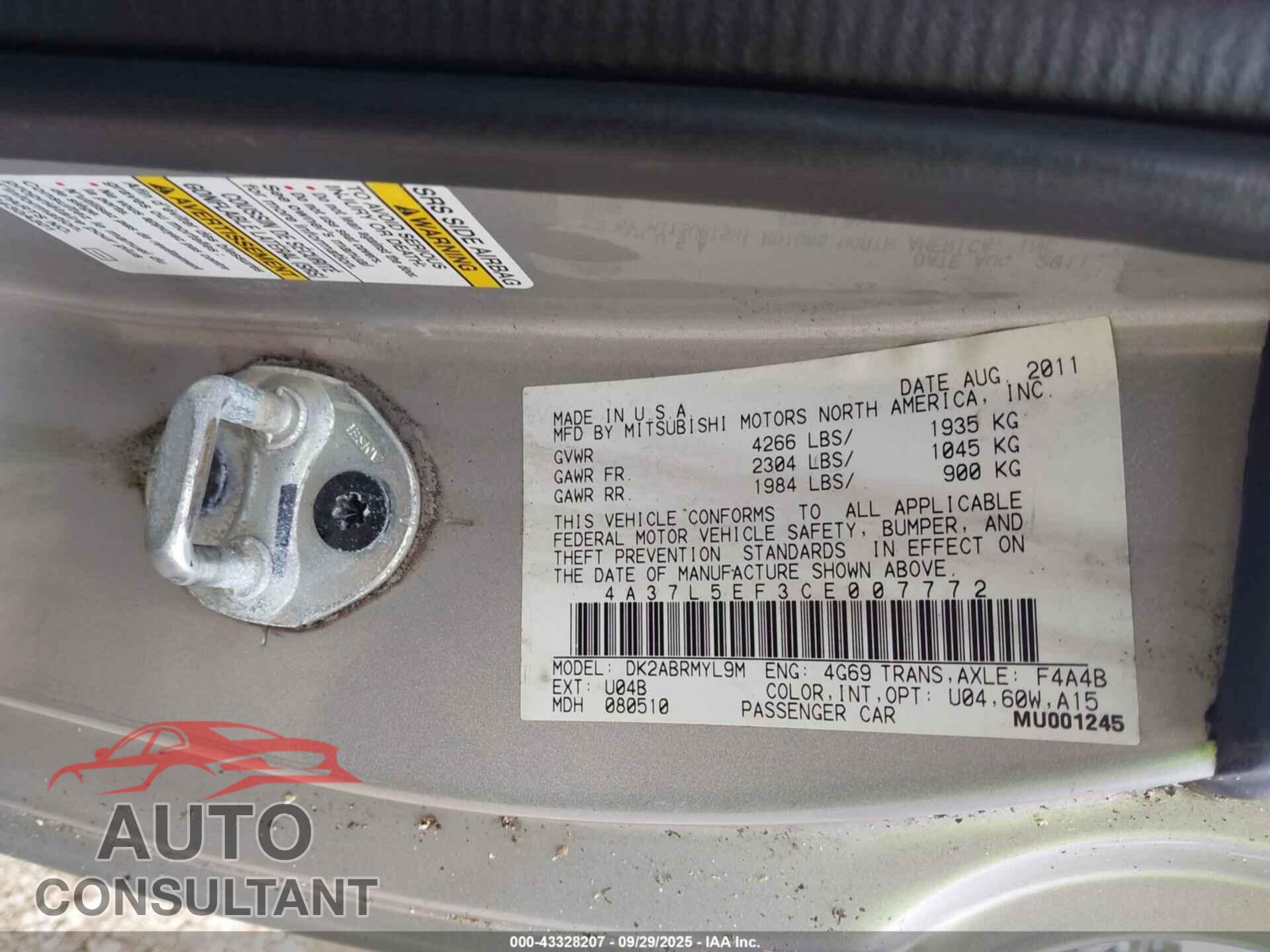 MITSUBISHI ECLIPSE SPYDER 2012 - 4A37L5EF3CE007772