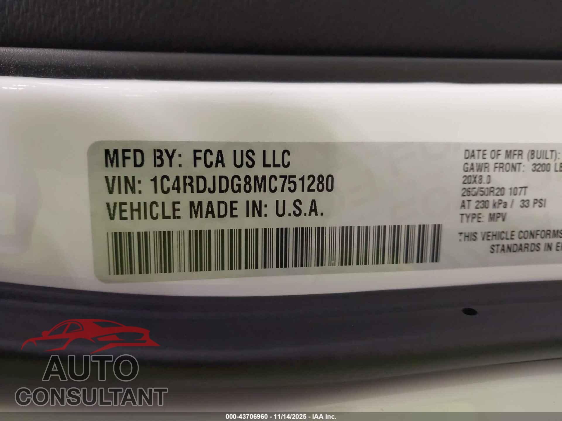 DODGE DURANGO 2021 - 1C4RDJDG8MC751280