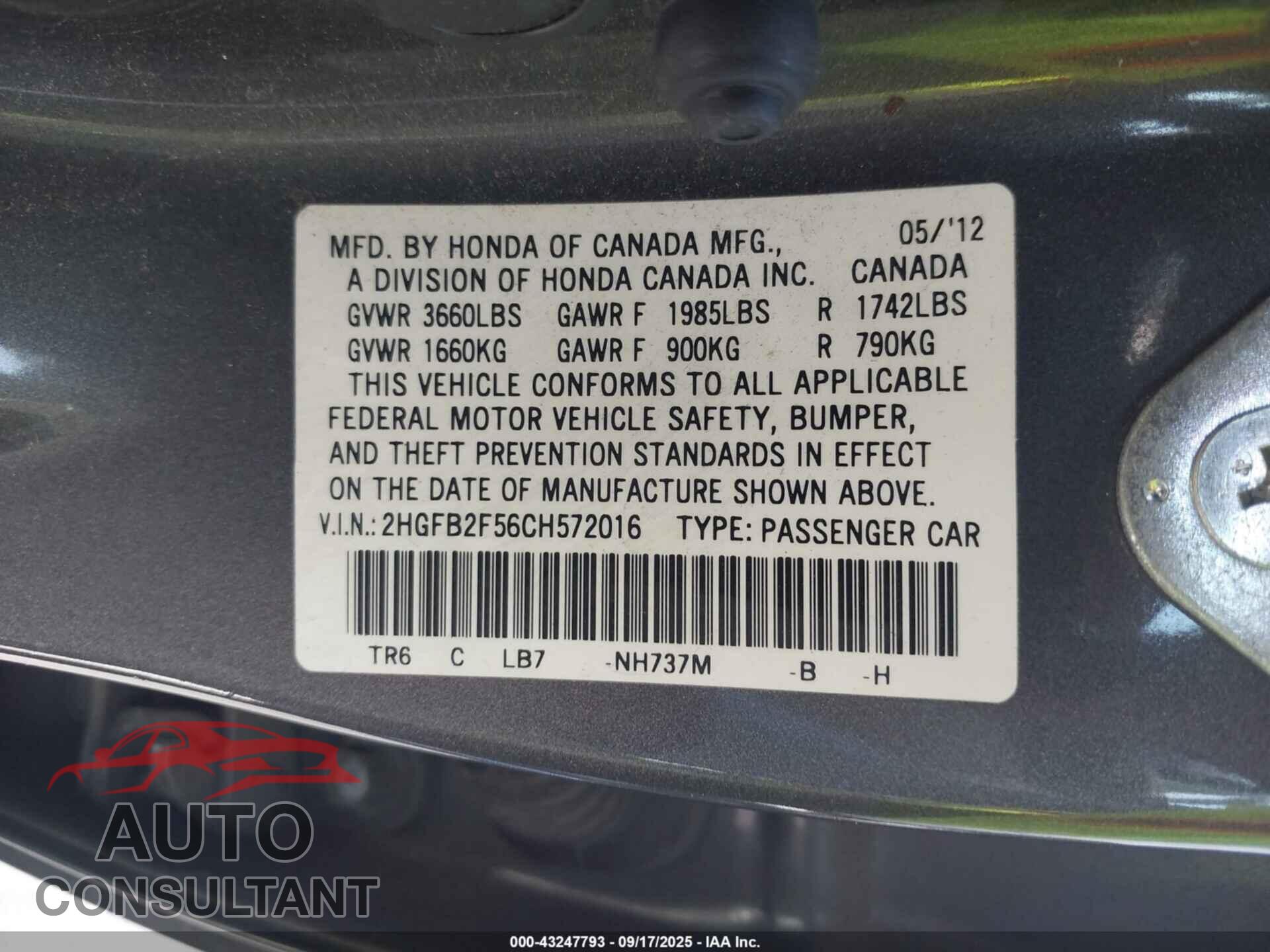 HONDA CIVIC 2012 - 2HGFB2F56CH572016