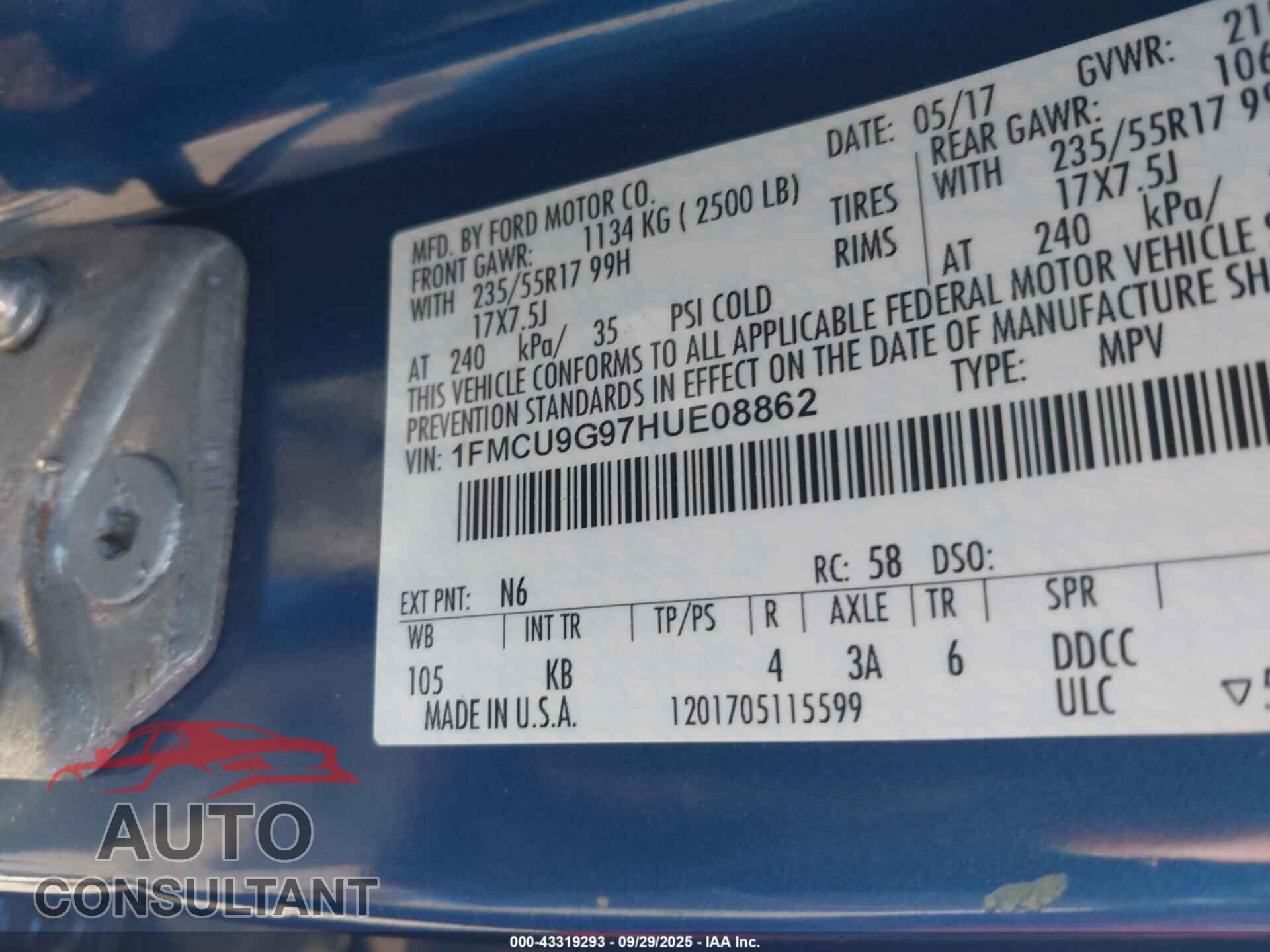 FORD ESCAPE 2017 - 1FMCU9G97HUE08862