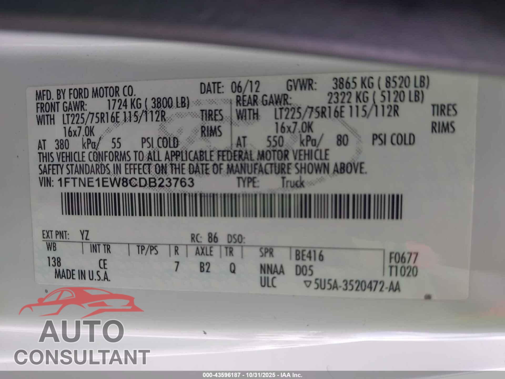 FORD E-150 2012 - 1FTNE1EW8CDB23763
