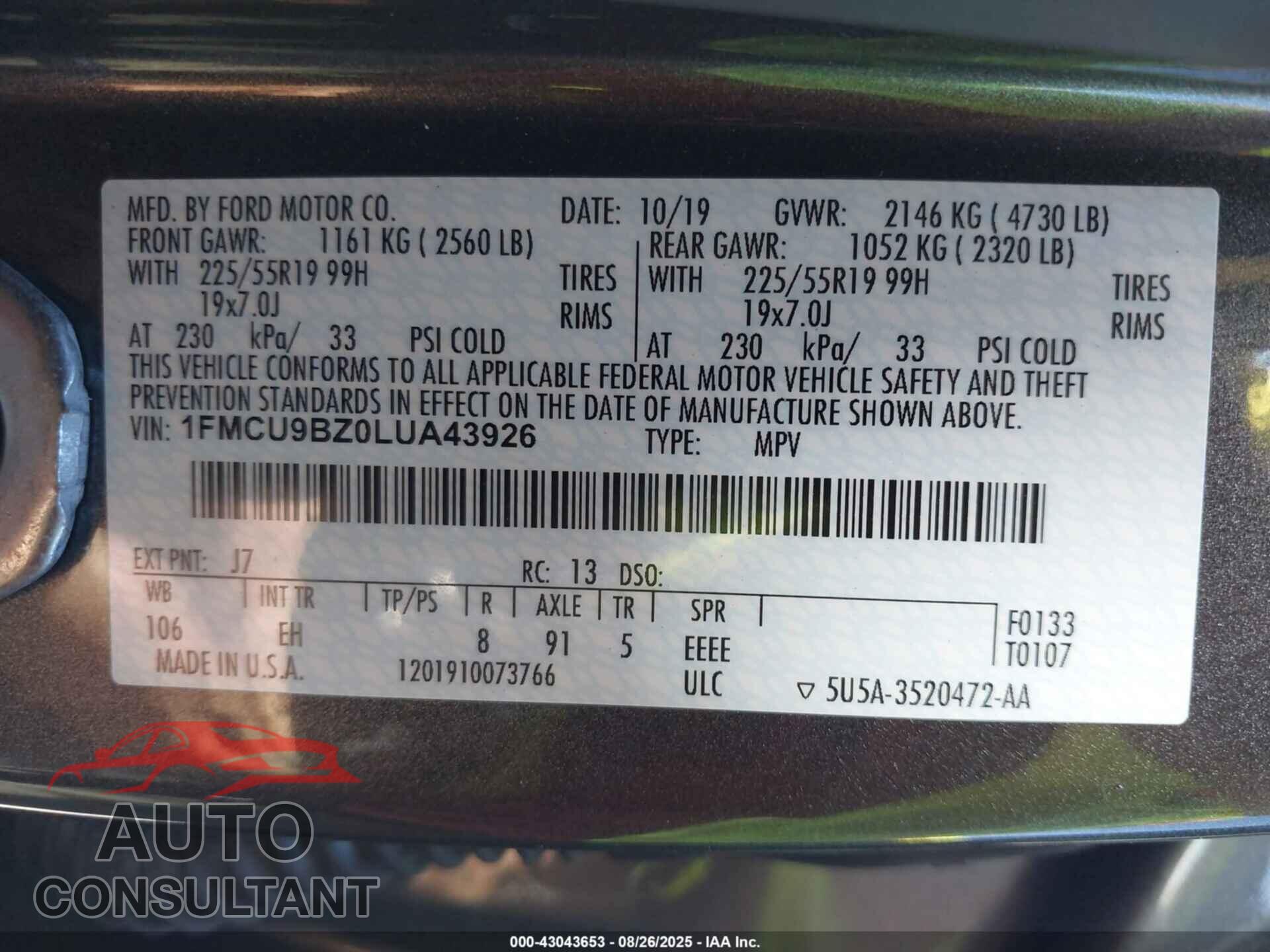 FORD ESCAPE 2020 - 1FMCU9BZ0LUA43926