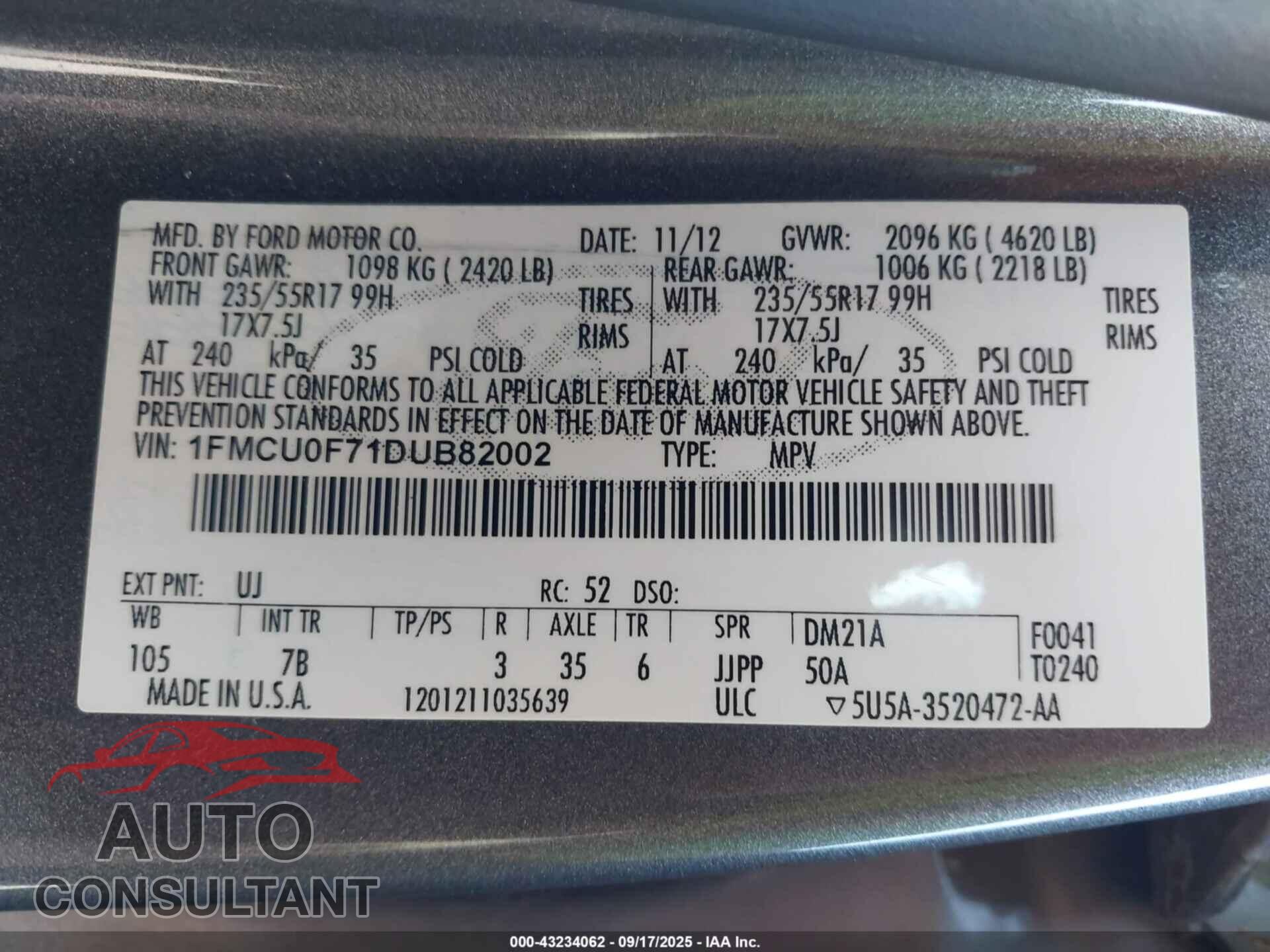 FORD ESCAPE 2013 - 1FMCU0F71DUB82002