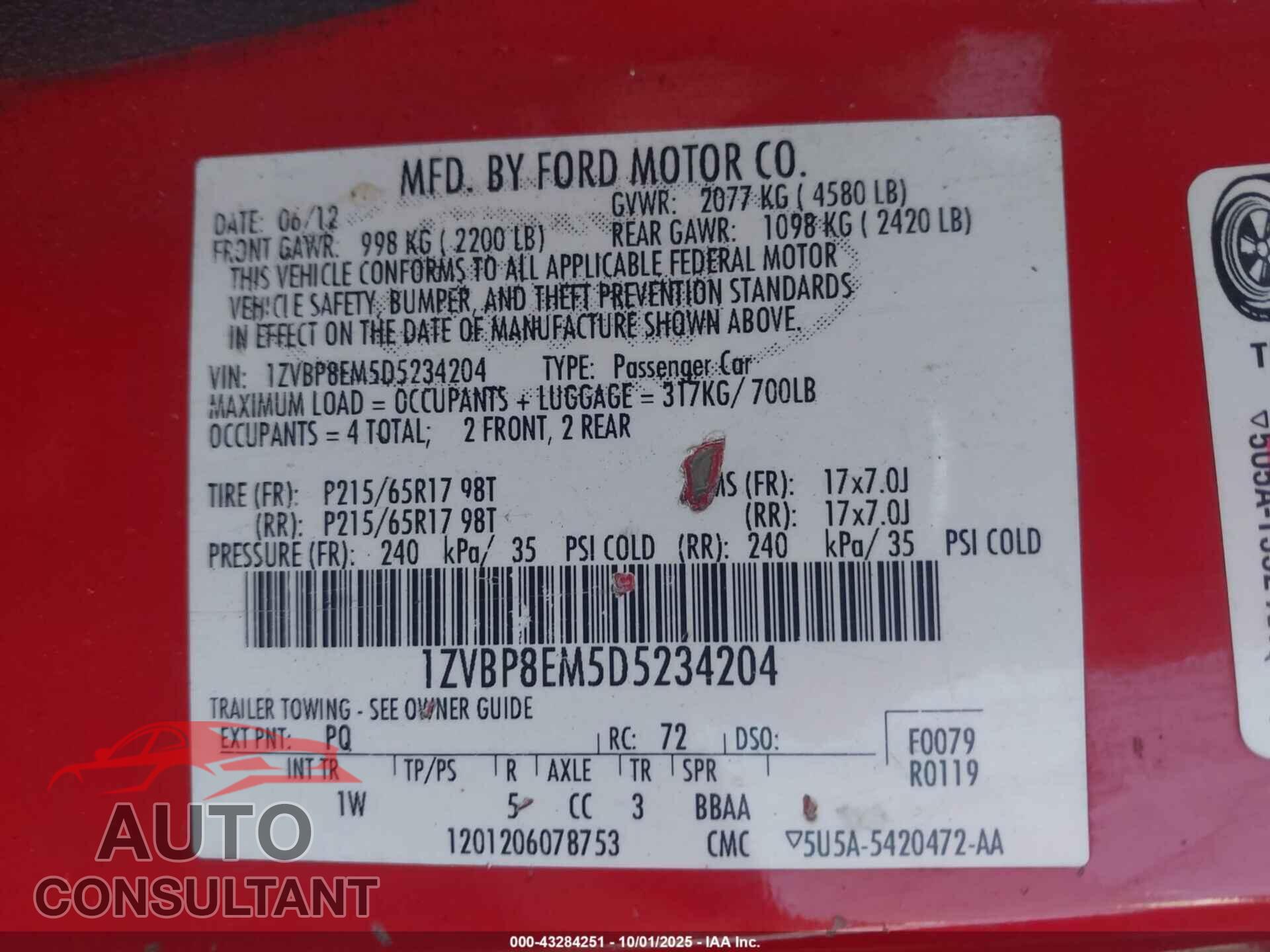 FORD MUSTANG 2013 - 1ZVBP8EM5D5234204