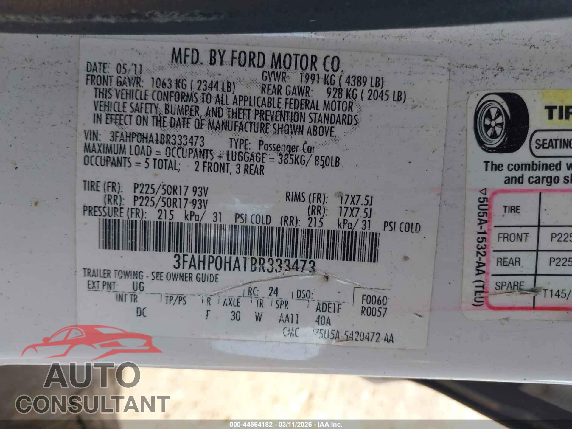 FORD FUSION 2011 - 3FAHP0HA1BR333473