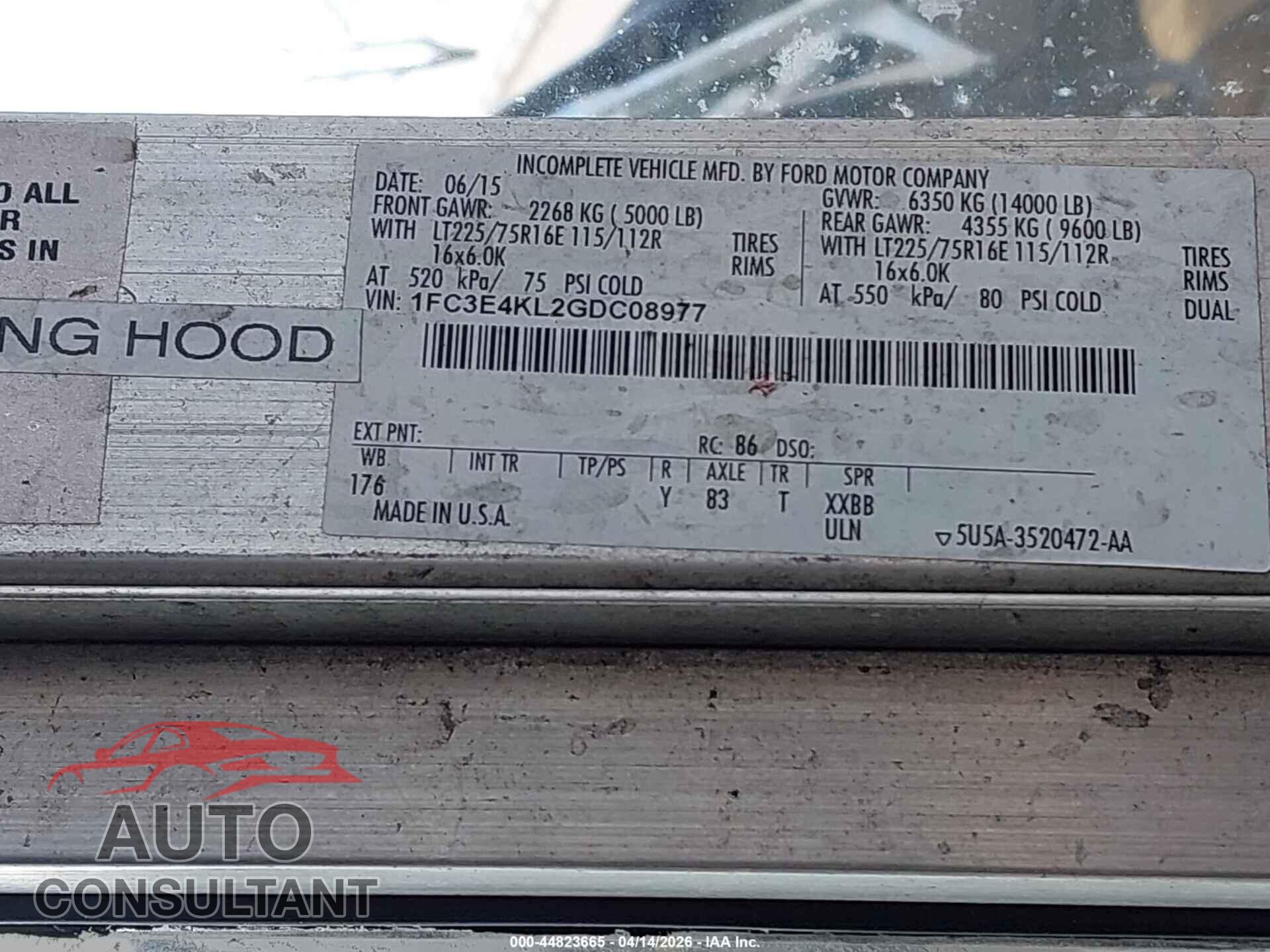 FORD E-450 STRIPPED 2016 - 1FC3E4KL2GDC08977