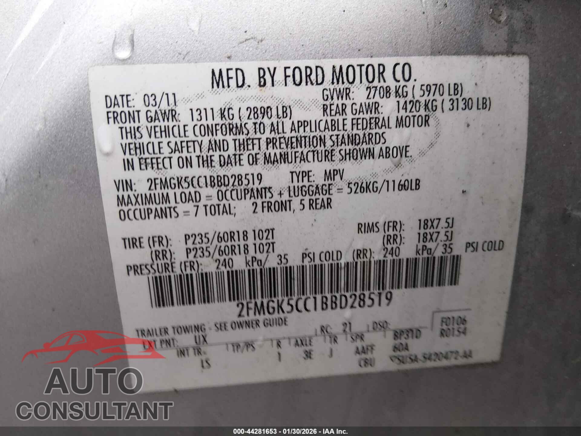 FORD FLEX 2011 - 2FMGK5CC1BBD28519