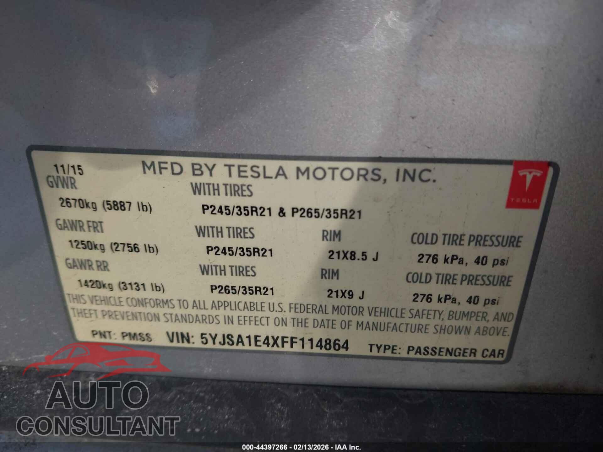 TESLA MODEL S 2015 - 5YJSA1E4XFF114864