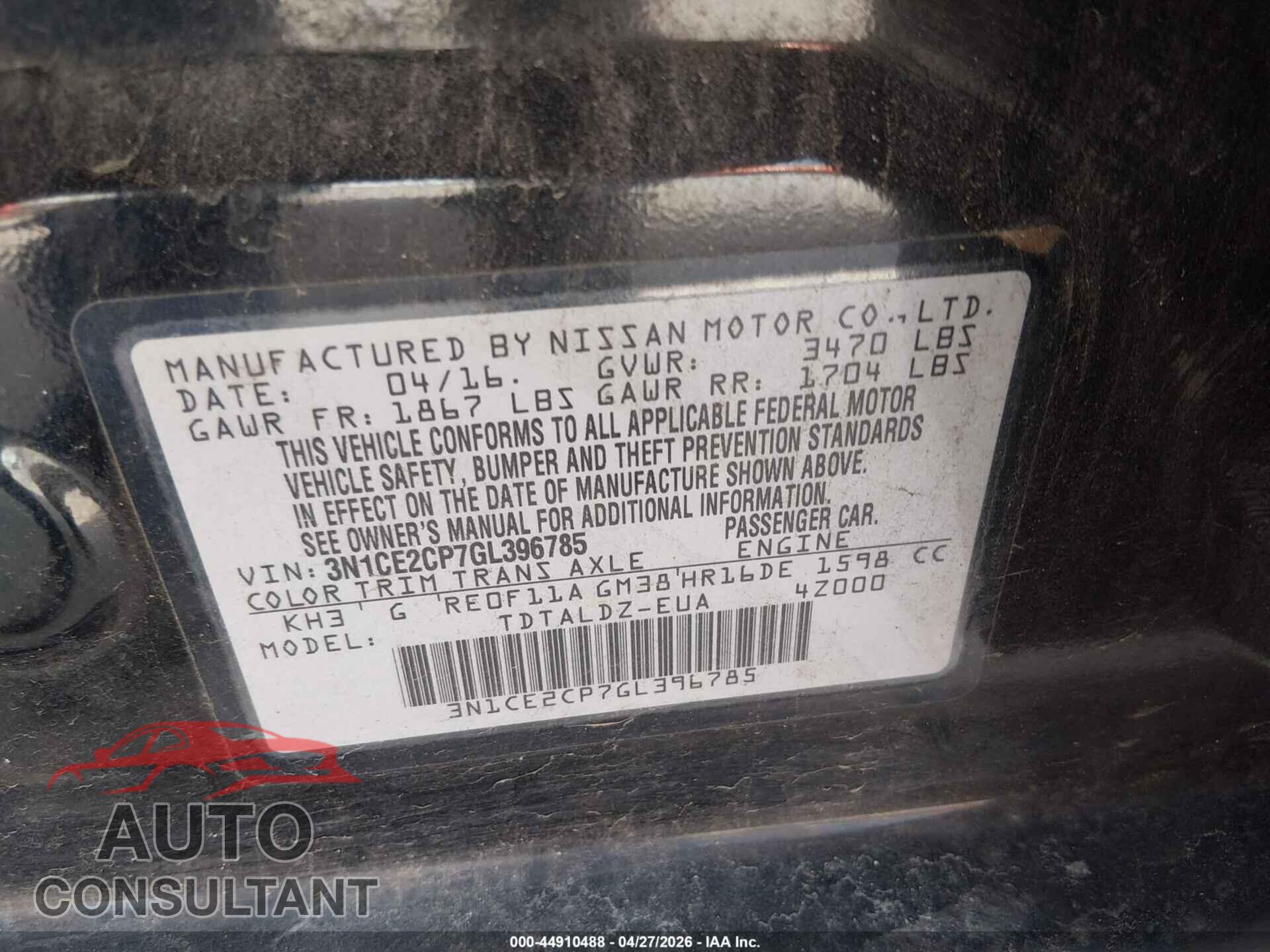 NISSAN VERSA NOTE 2016 - 3N1CE2CP7GL396785