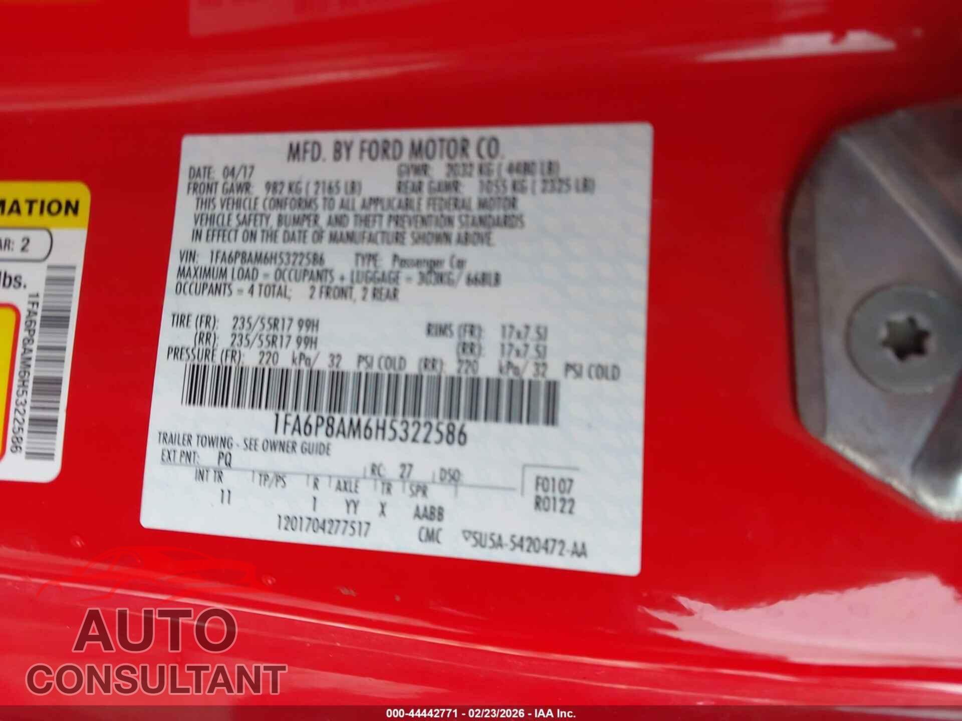 FORD MUSTANG 2017 - 1FA6P8AM6H5322586