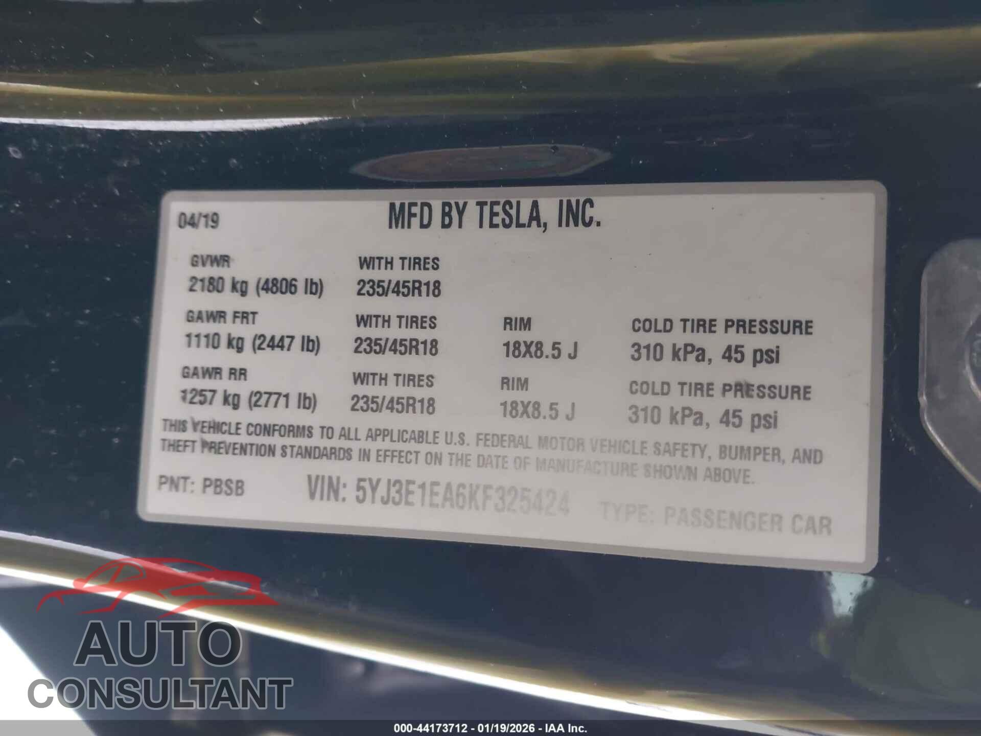 TESLA MODEL 3 2019 - 5YJ3E1EA6KF325424