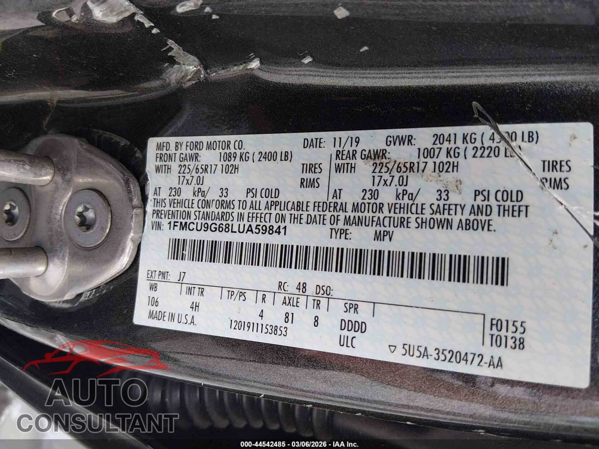 FORD ESCAPE 2020 - 1FMCU9G68LUA59841