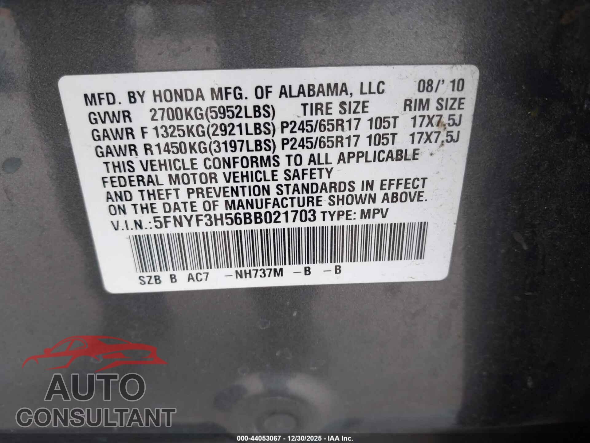 HONDA PILOT 2011 - 5FNYF3H56BB021703