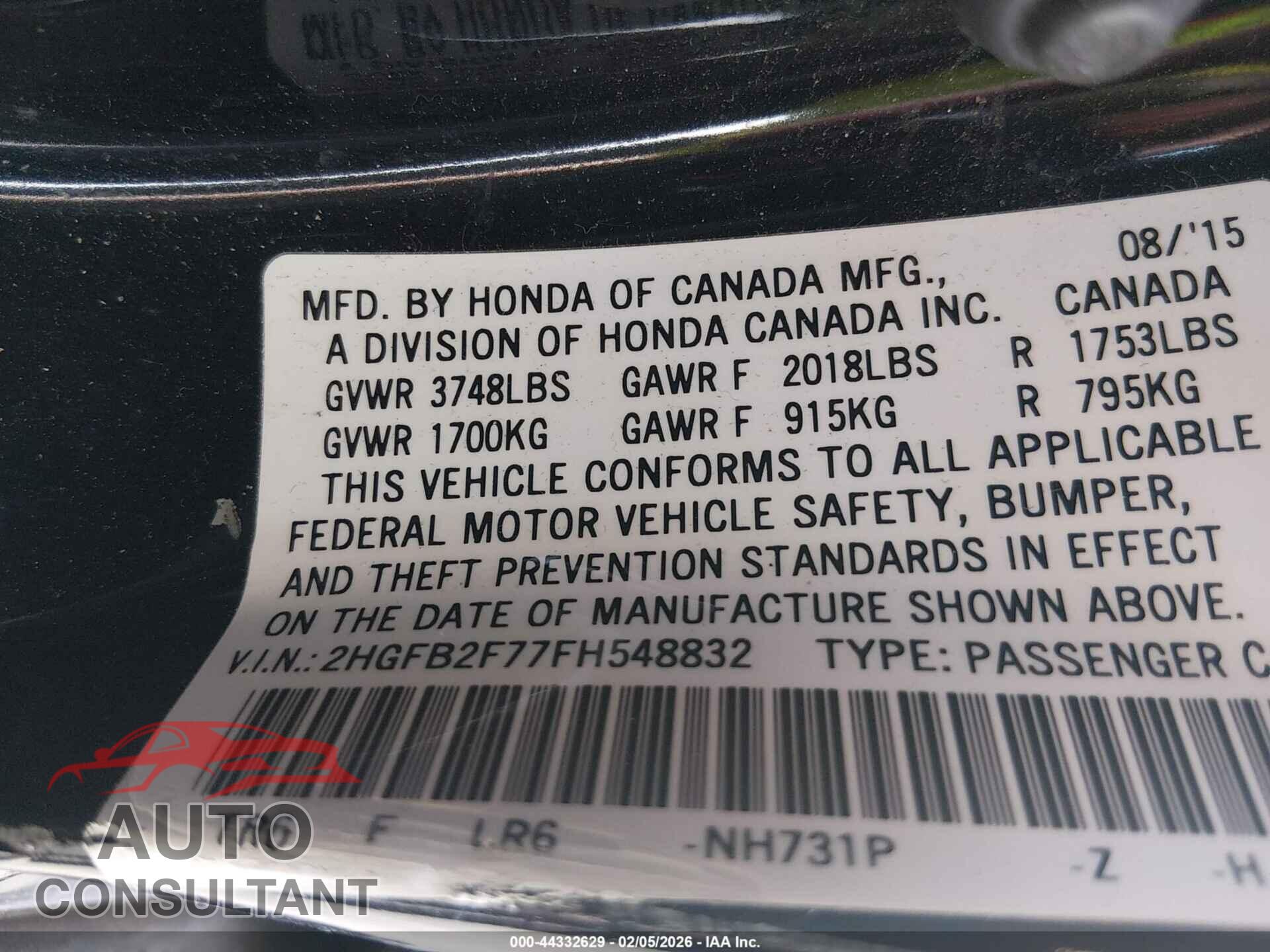 HONDA CIVIC 2015 - 2HGFB2F77FH548832