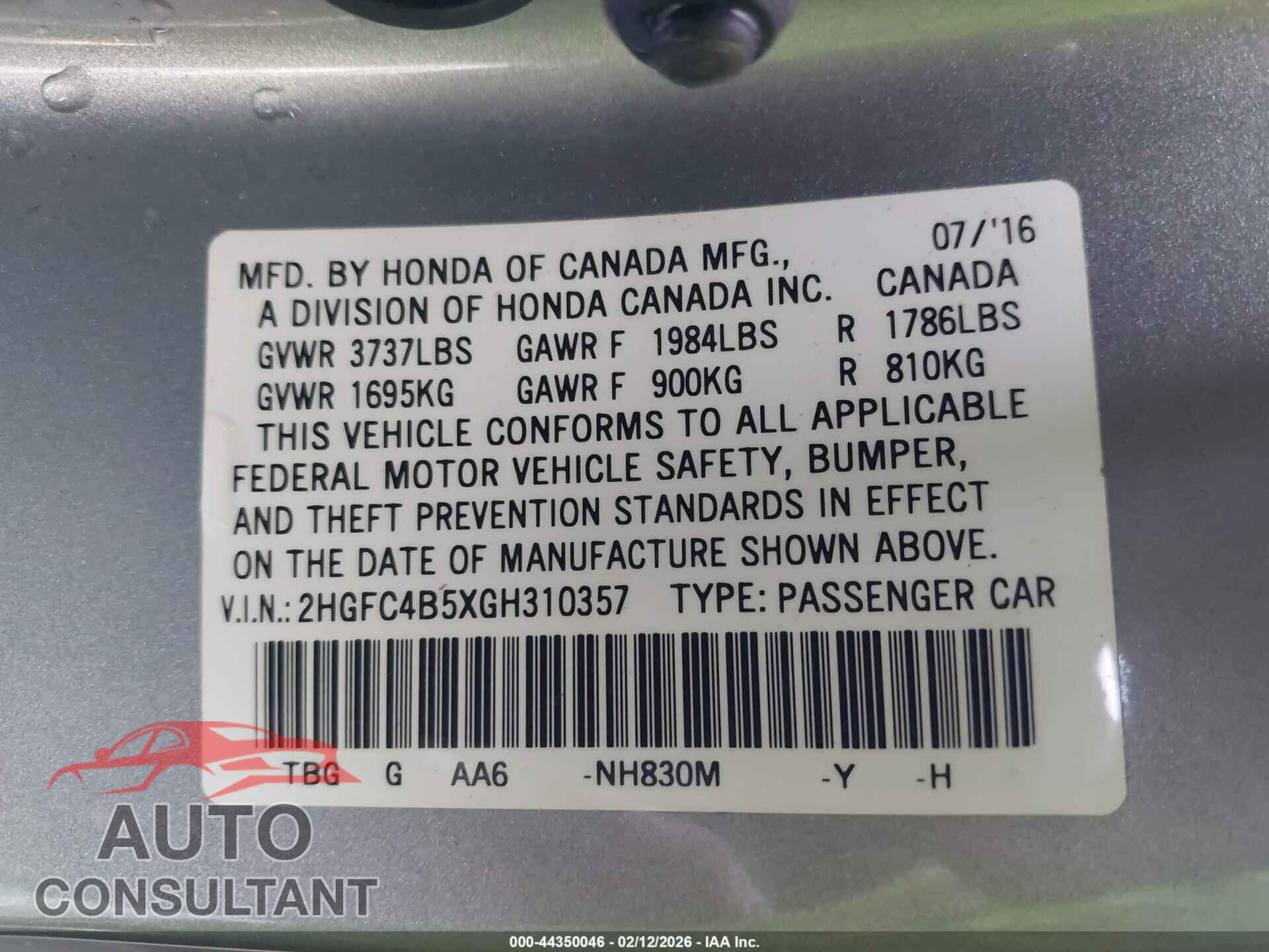 HONDA CIVIC 2016 - 2HGFC4B5XGH310357