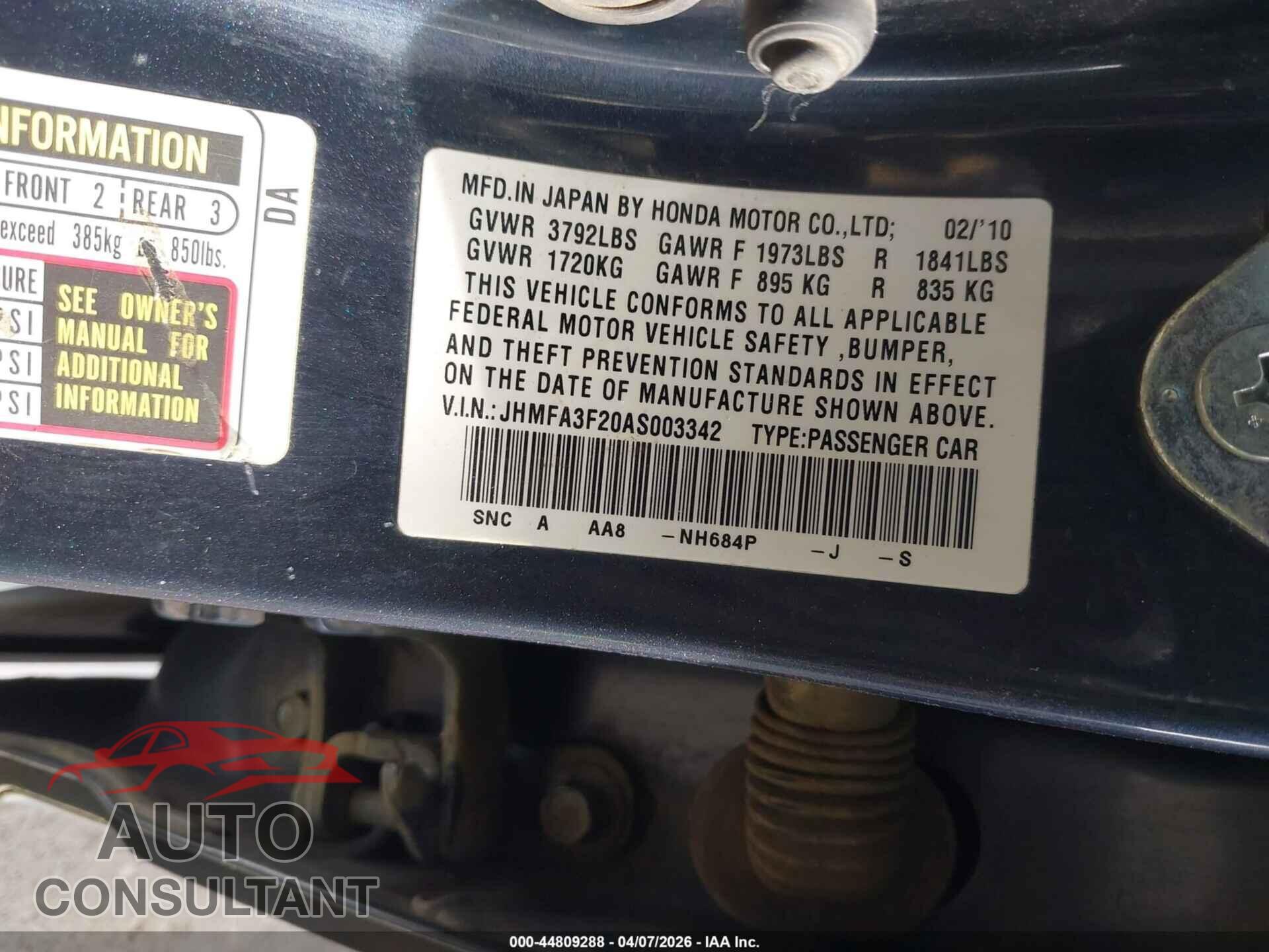 HONDA CIVIC HYBRID 2010 - JHMFA3F20AS003342
