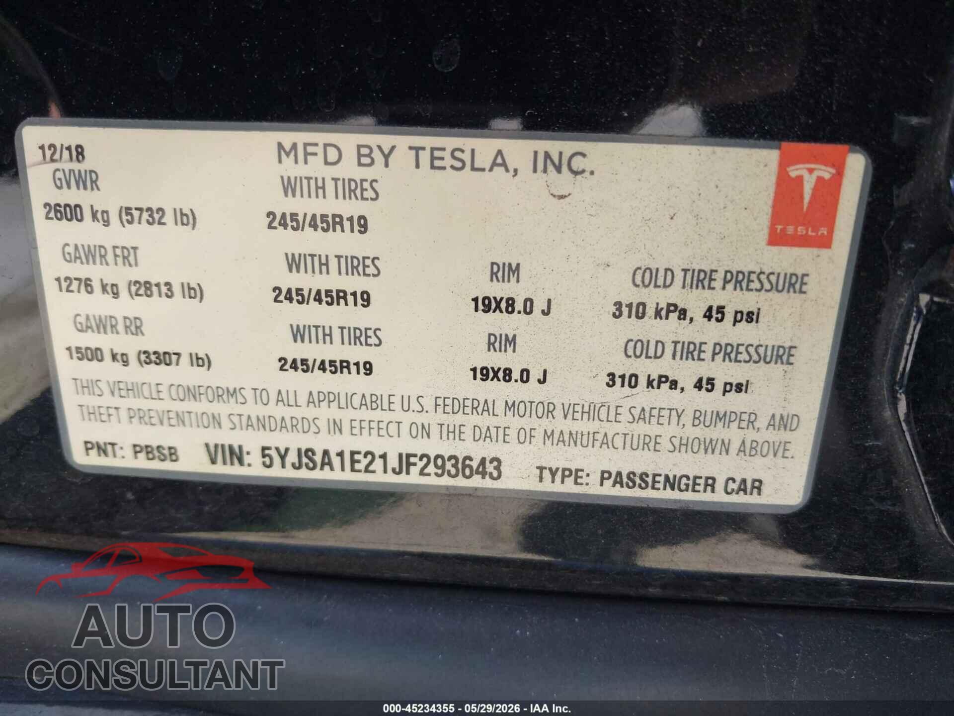 TESLA MODEL S 2018 - 5YJSA1E21JF293643