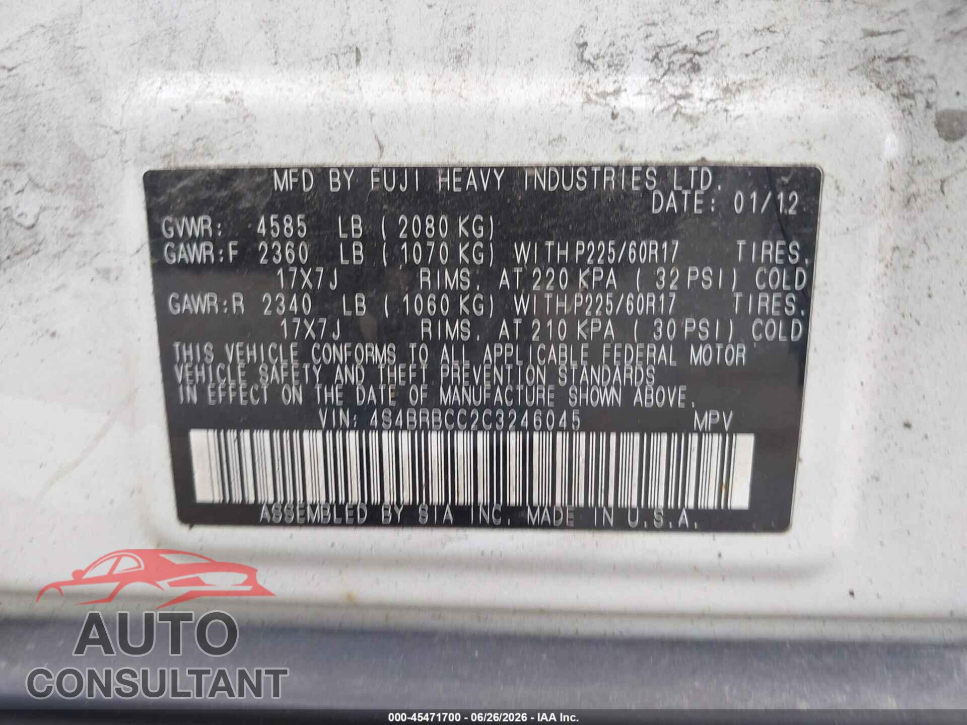 SUBARU OUTBACK 2012 - 4S4BRBCC2C3246045
