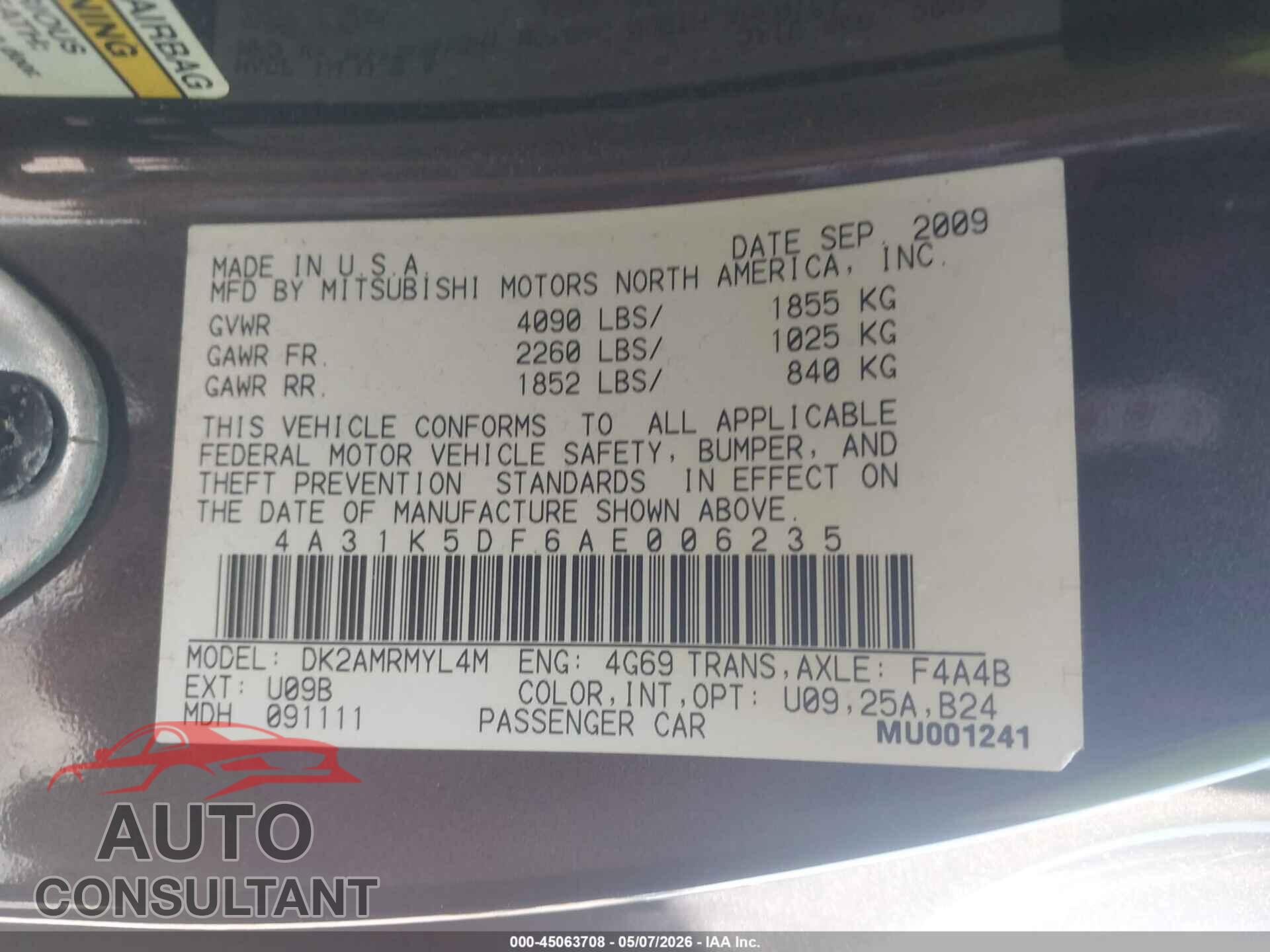 MITSUBISHI ECLIPSE 2010 - 4A31K5DF6AE006235