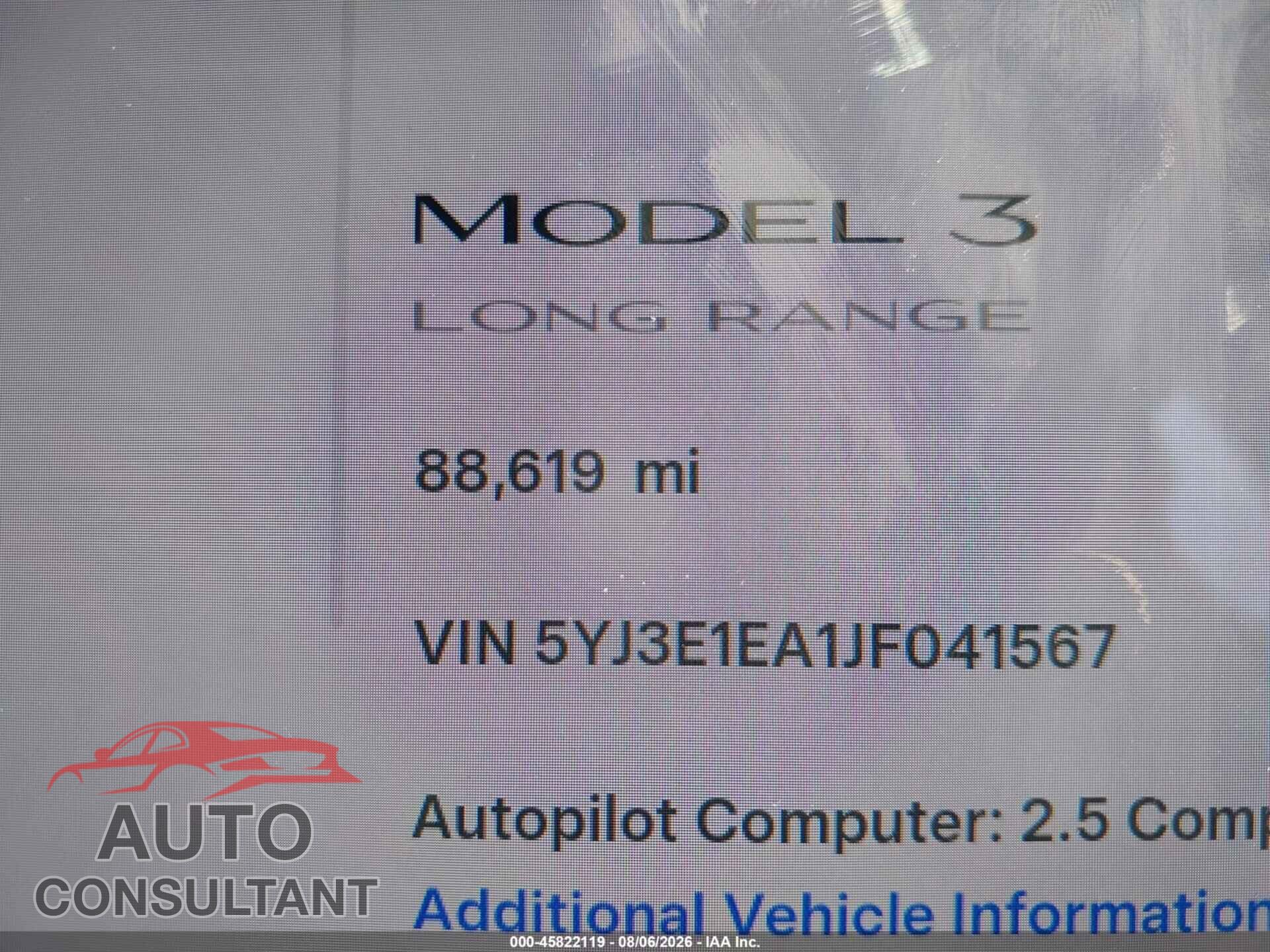 TESLA MODEL 3 2018 - 5YJ3E1EA1JF041567