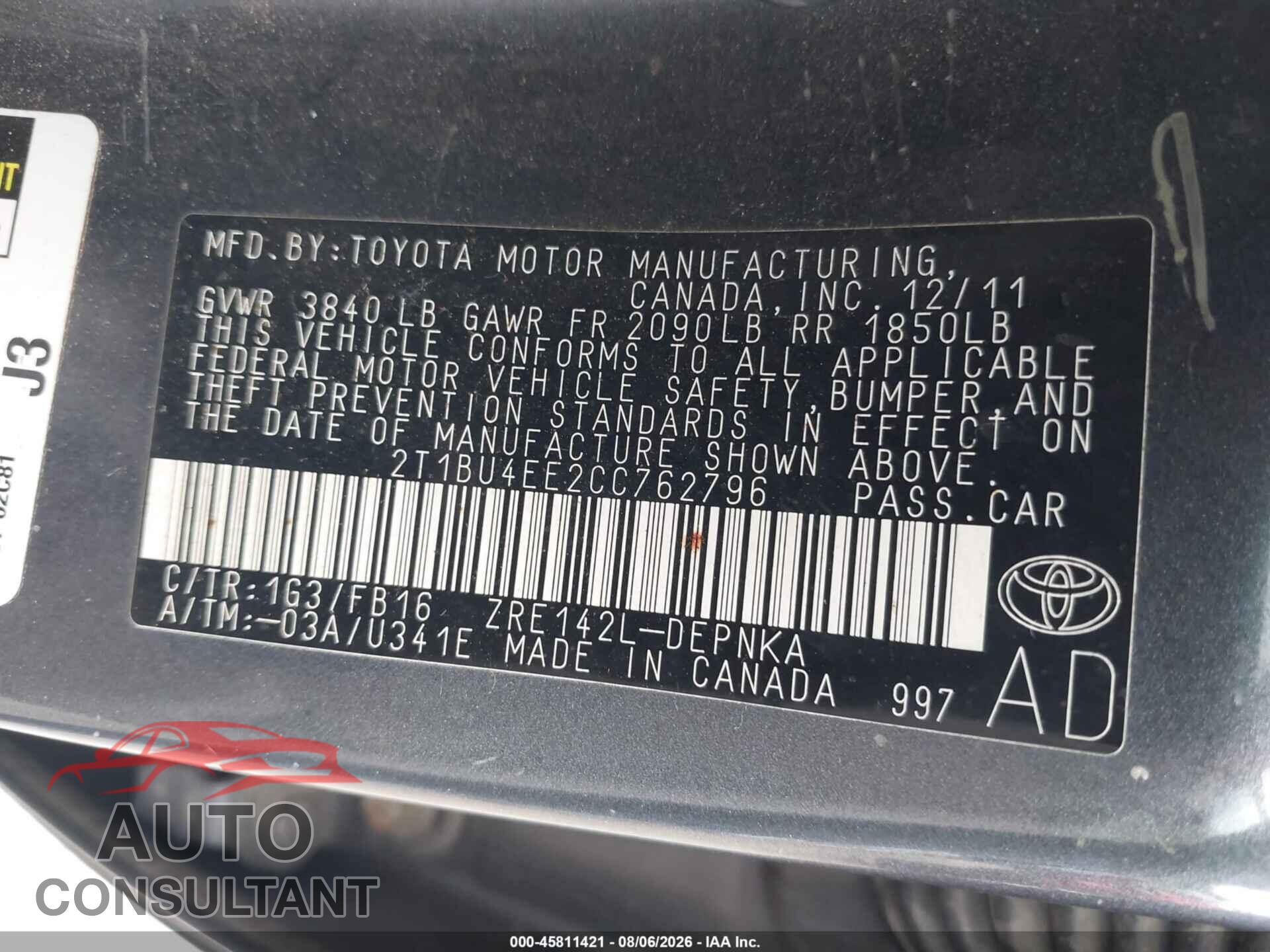 TOYOTA COROLLA 2012 - 2T1BU4EE2CC762796