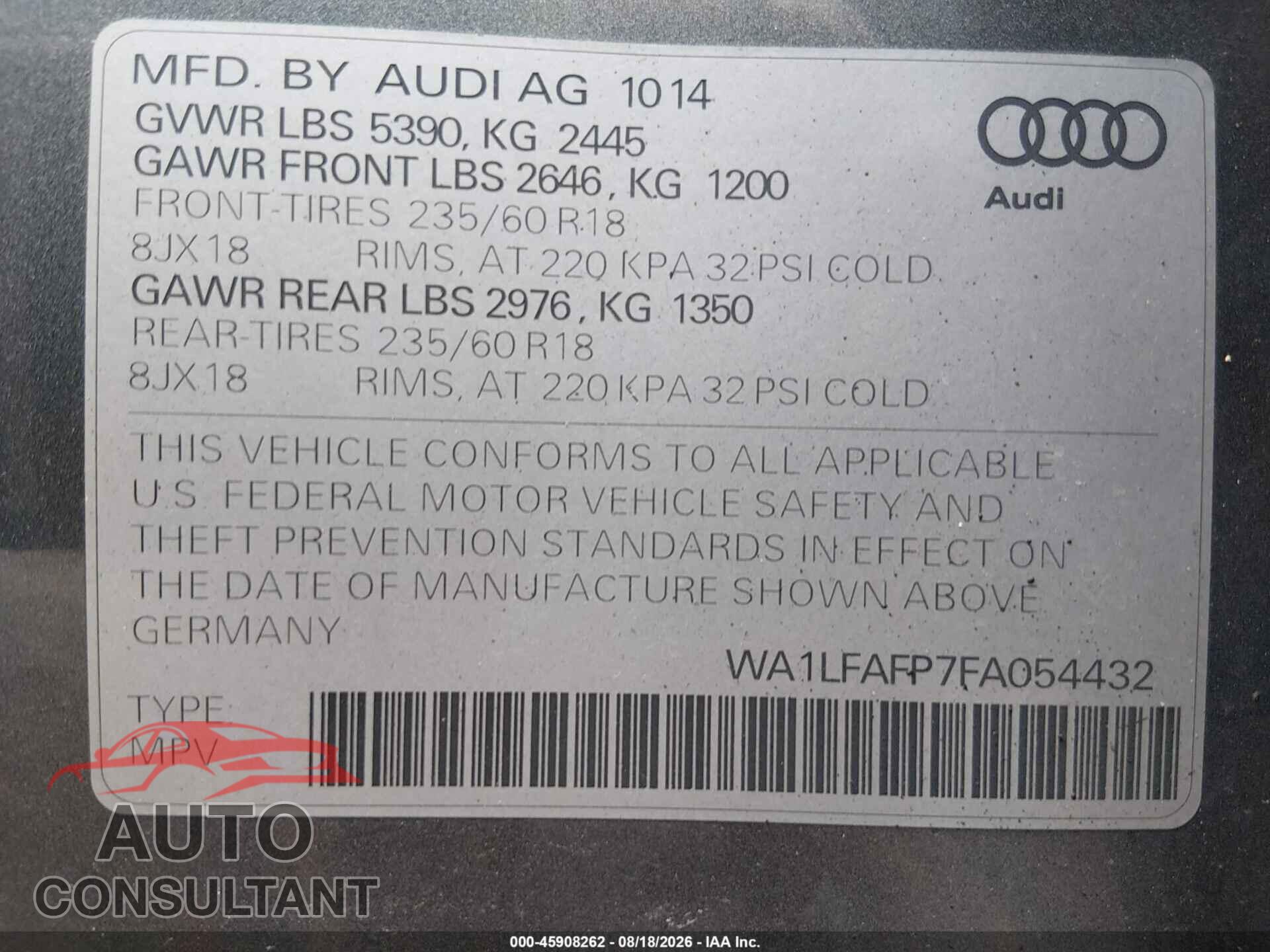 AUDI Q5 2015 - WA1LFAFP7FA054432