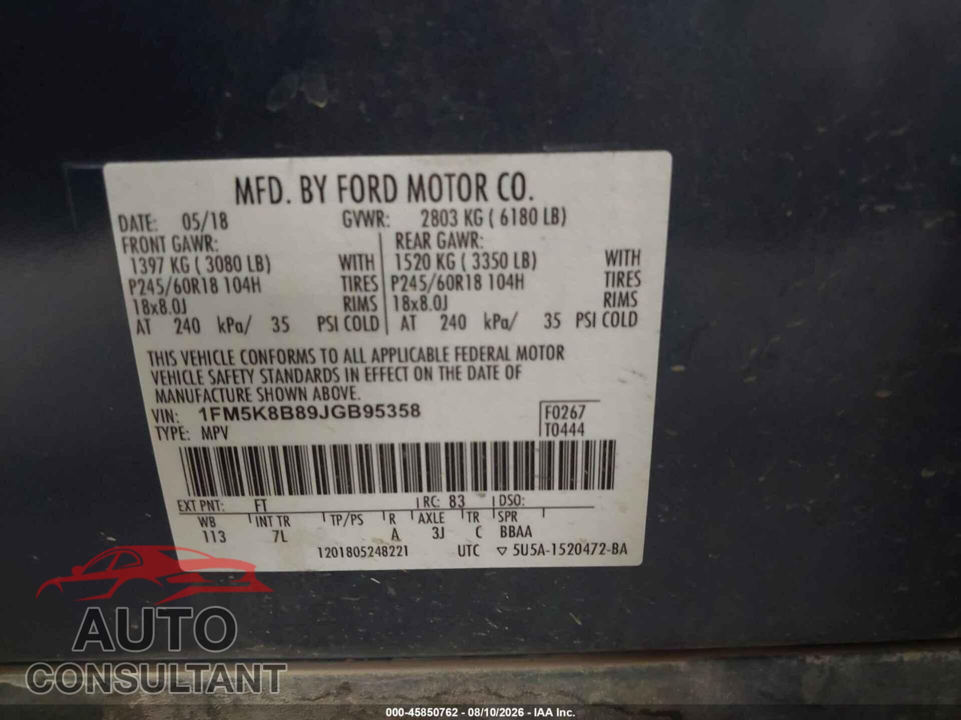 FORD EXPLORER 2018 - 1FM5K8B89JGB95358