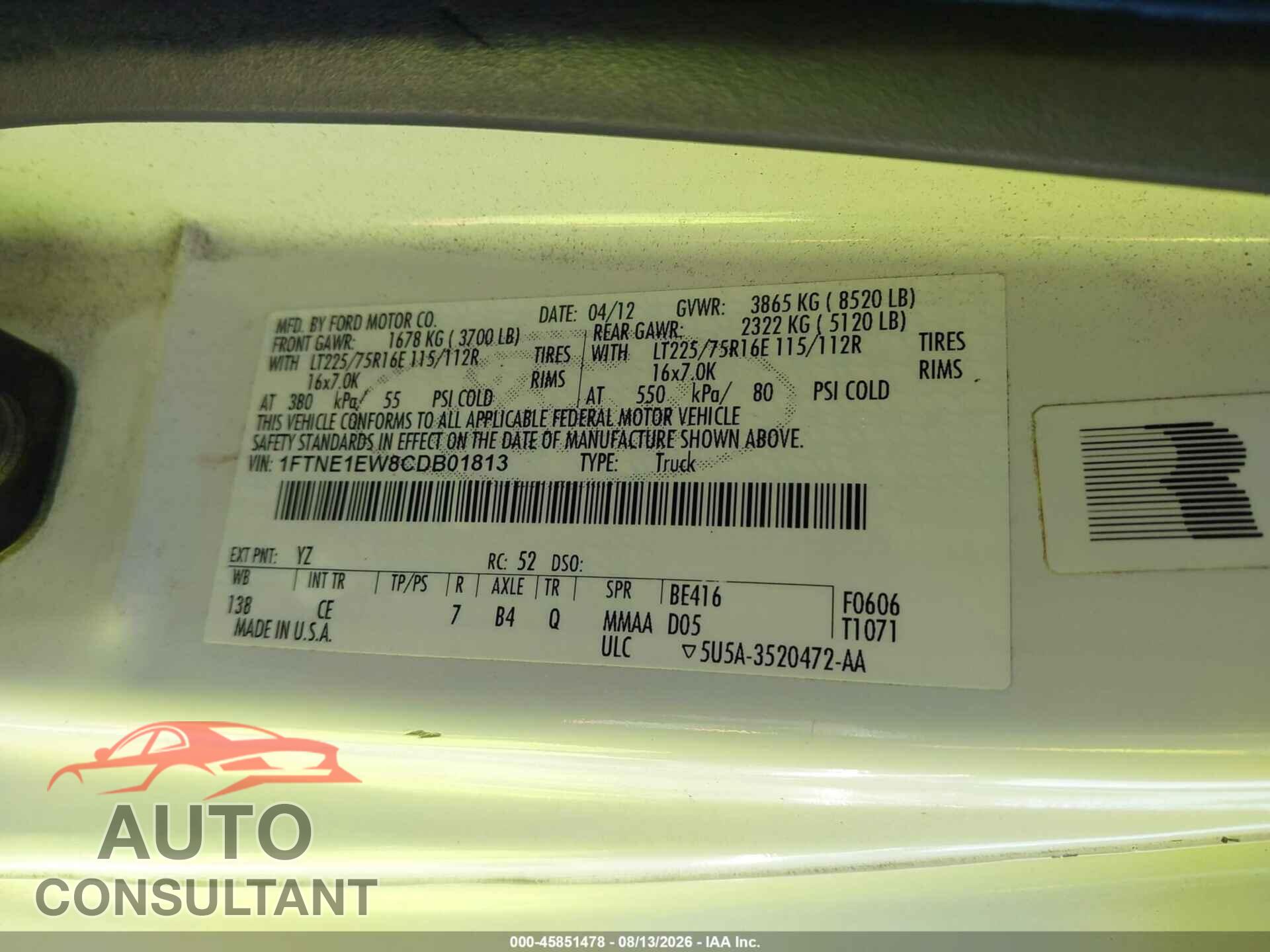 FORD E-150 2012 - 1FTNE1EW8CDB01813