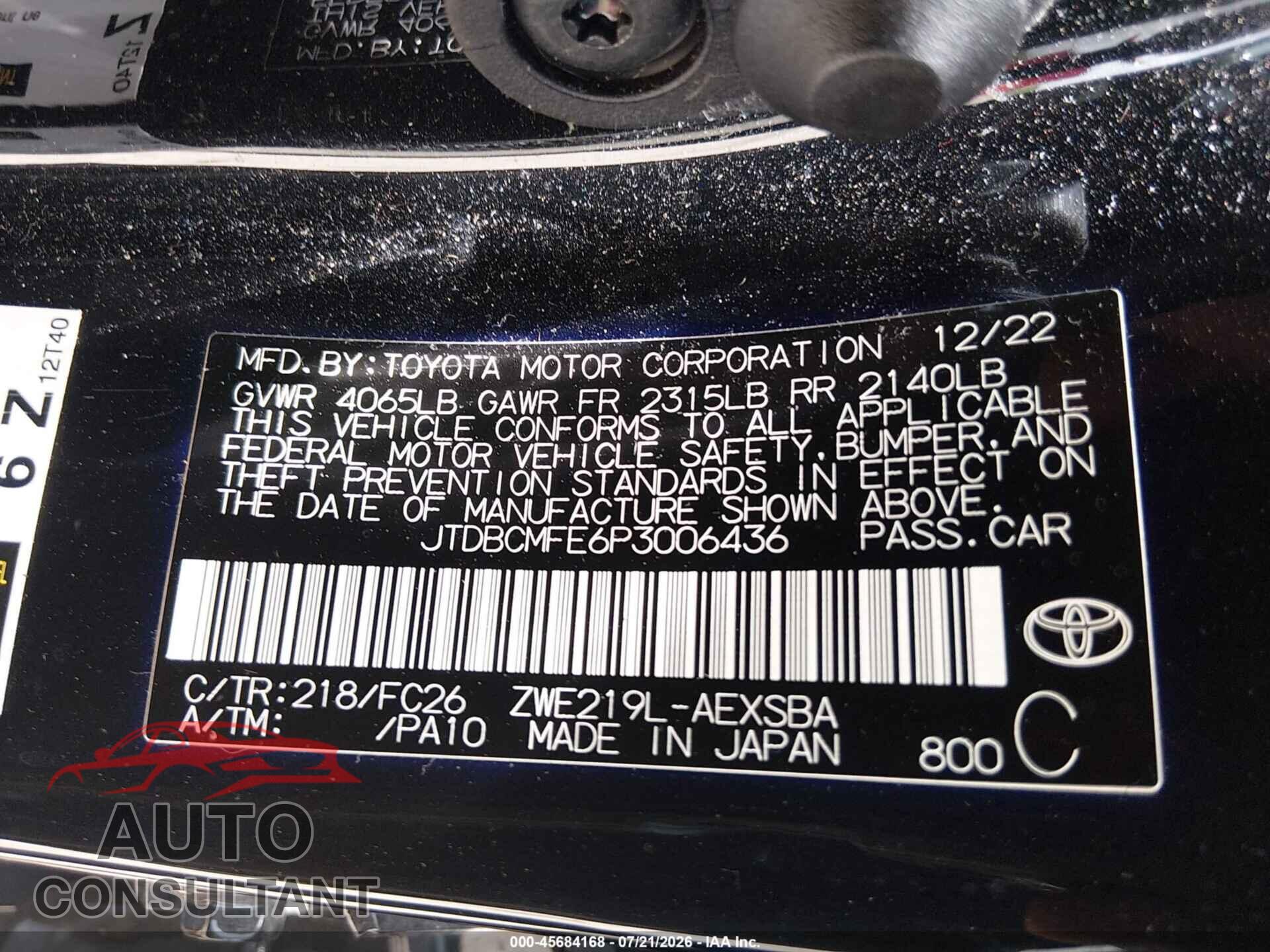 TOYOTA COROLLA 2023 - JTDBCMFE6P3006436