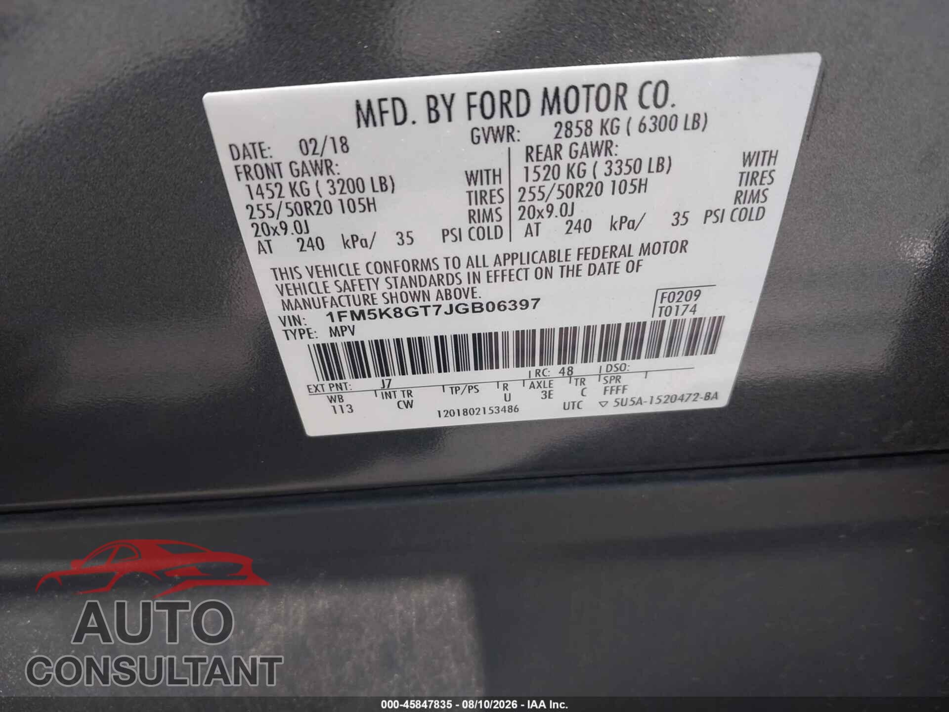 FORD EXPLORER 2018 - 1FM5K8GT7JGB06397