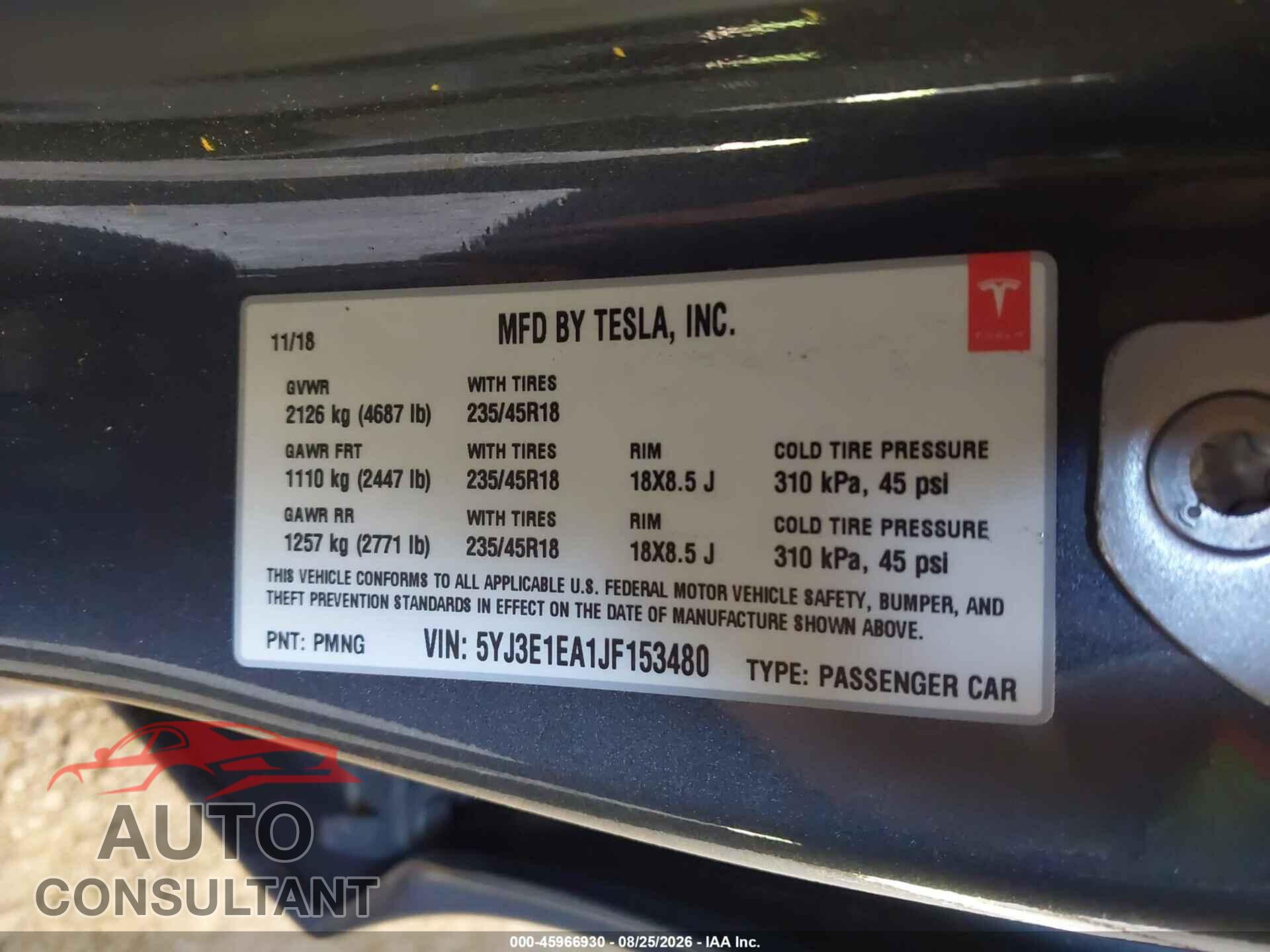 TESLA MODEL 3 2018 - 5YJ3E1EA1JF153480