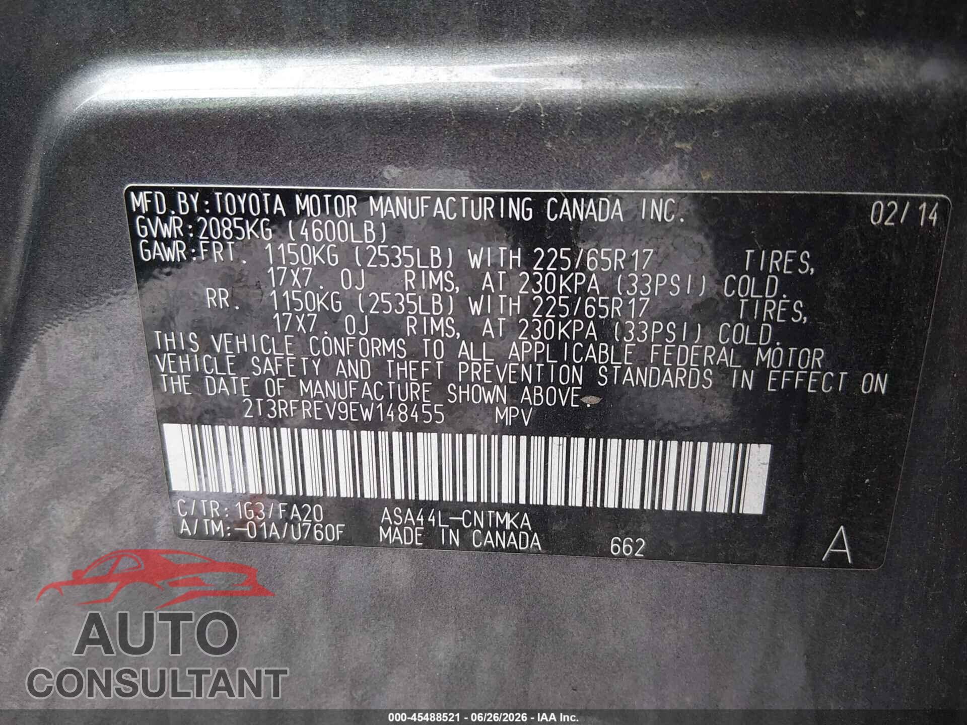 TOYOTA RAV4 2014 - 2T3RFREV9EW148455