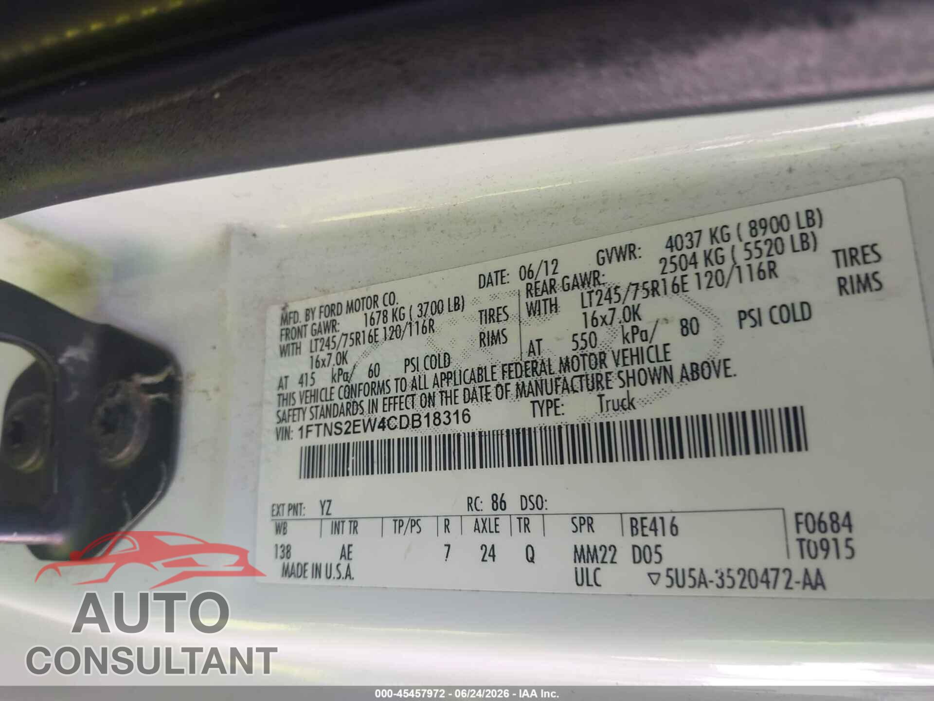 FORD E-250 2012 - 1FTNS2EW4CDB18316