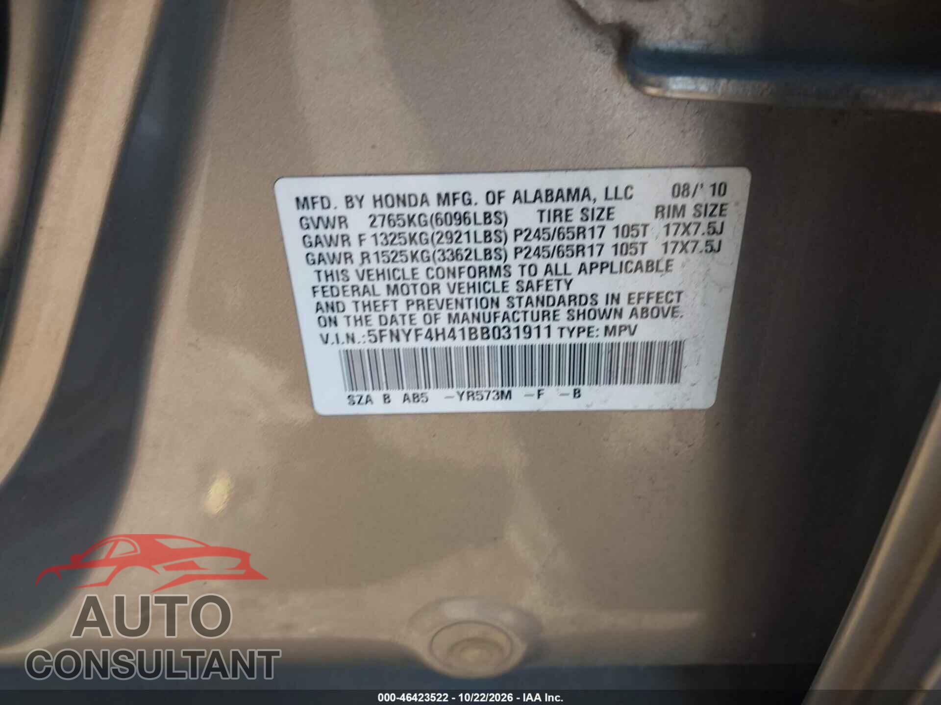 HONDA PILOT 2011 - 5FNYF4H41BB031911