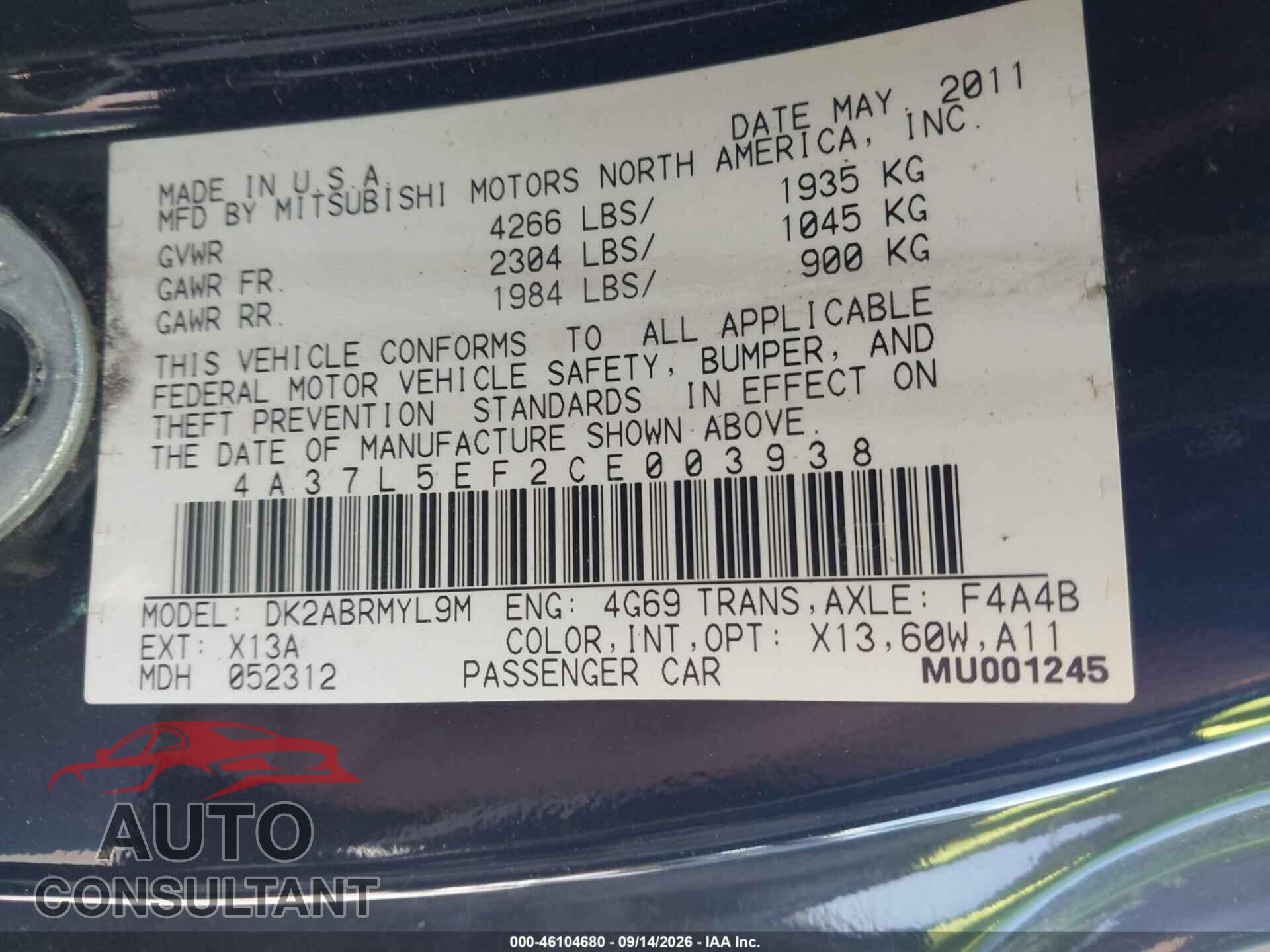 MITSUBISHI ECLIPSE SPYDER 2012 - 4A37L5EF2CE003938
