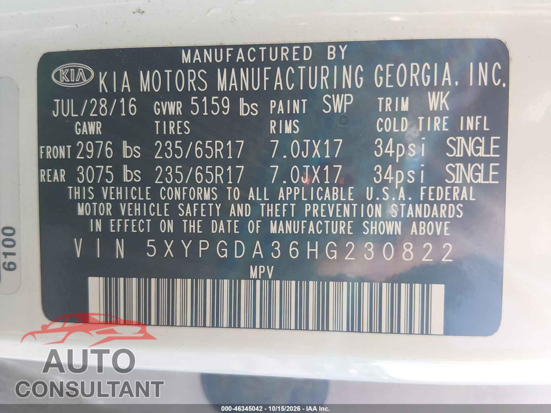 KIA SORENTO 2017 - 5XYPGDA36HG230822