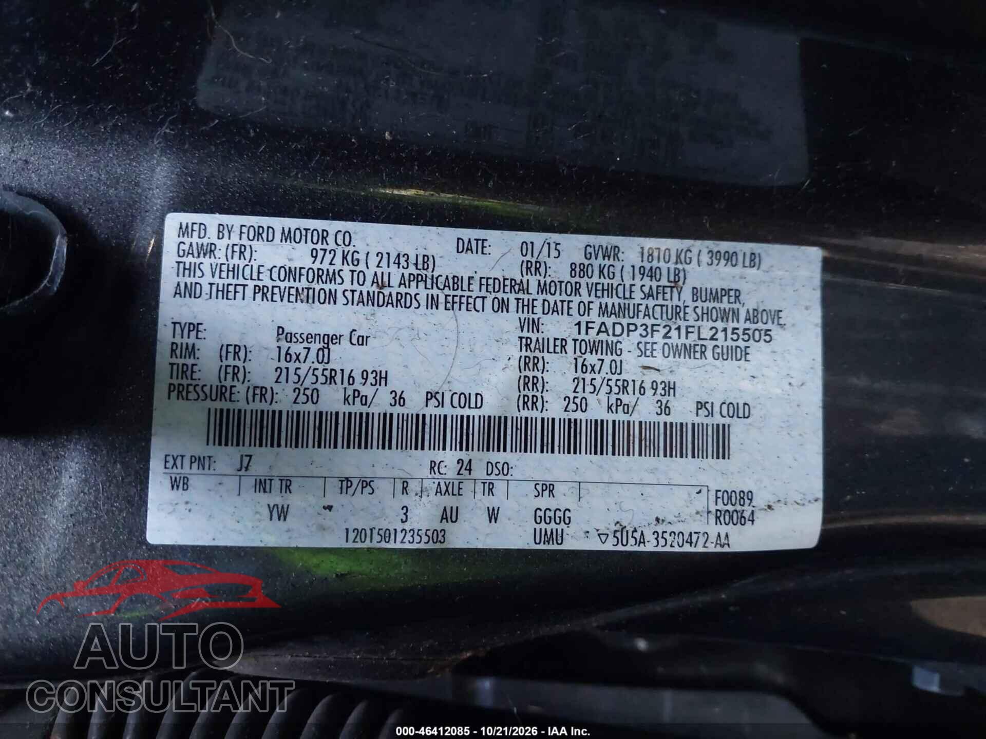 FORD FOCUS 2015 - 1FADP3F21FL215505