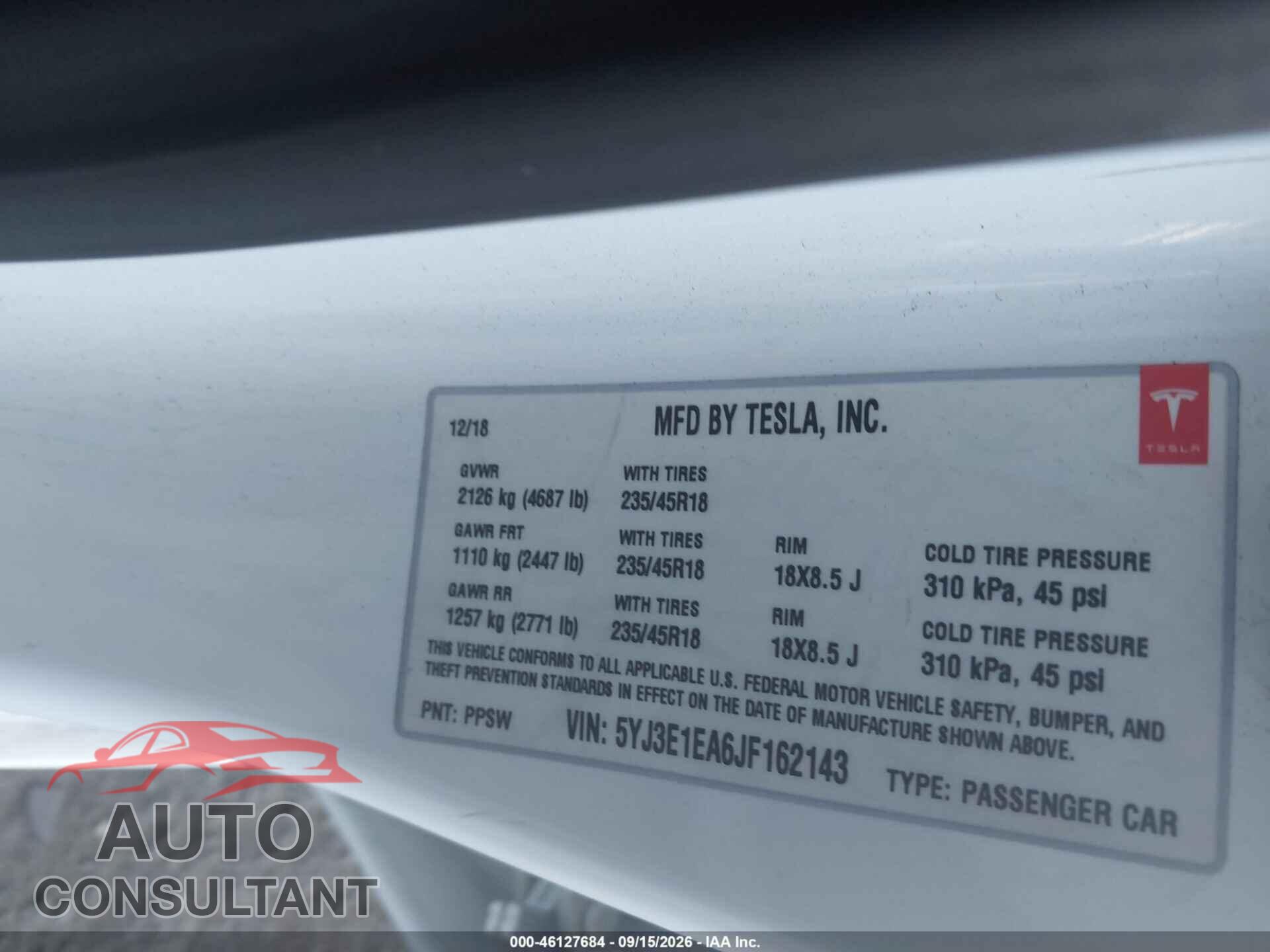 TESLA MODEL 3 2018 - 5YJ3E1EA6JF162143