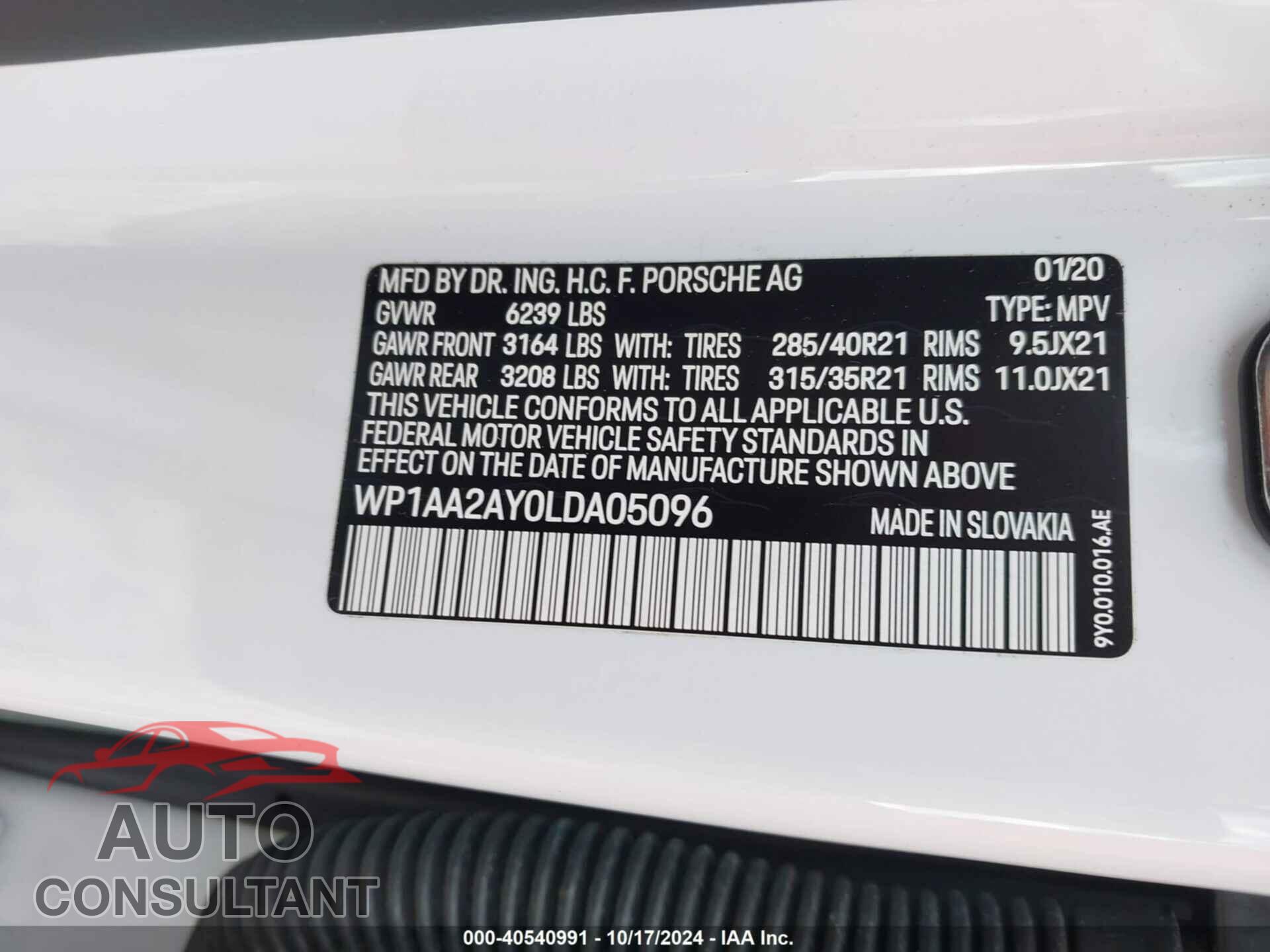 PORSCHE CAYENNE 2020 - WP1AA2AY0LDA05096