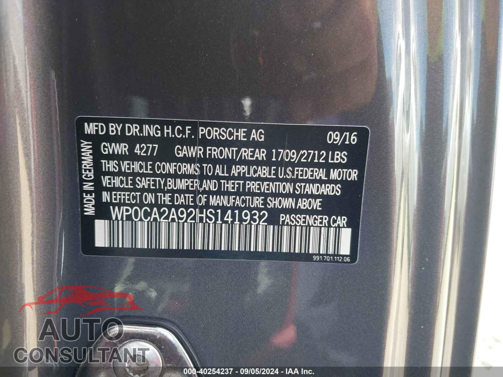 PORSCHE 911 2017 - WP0CA2A92HS141932