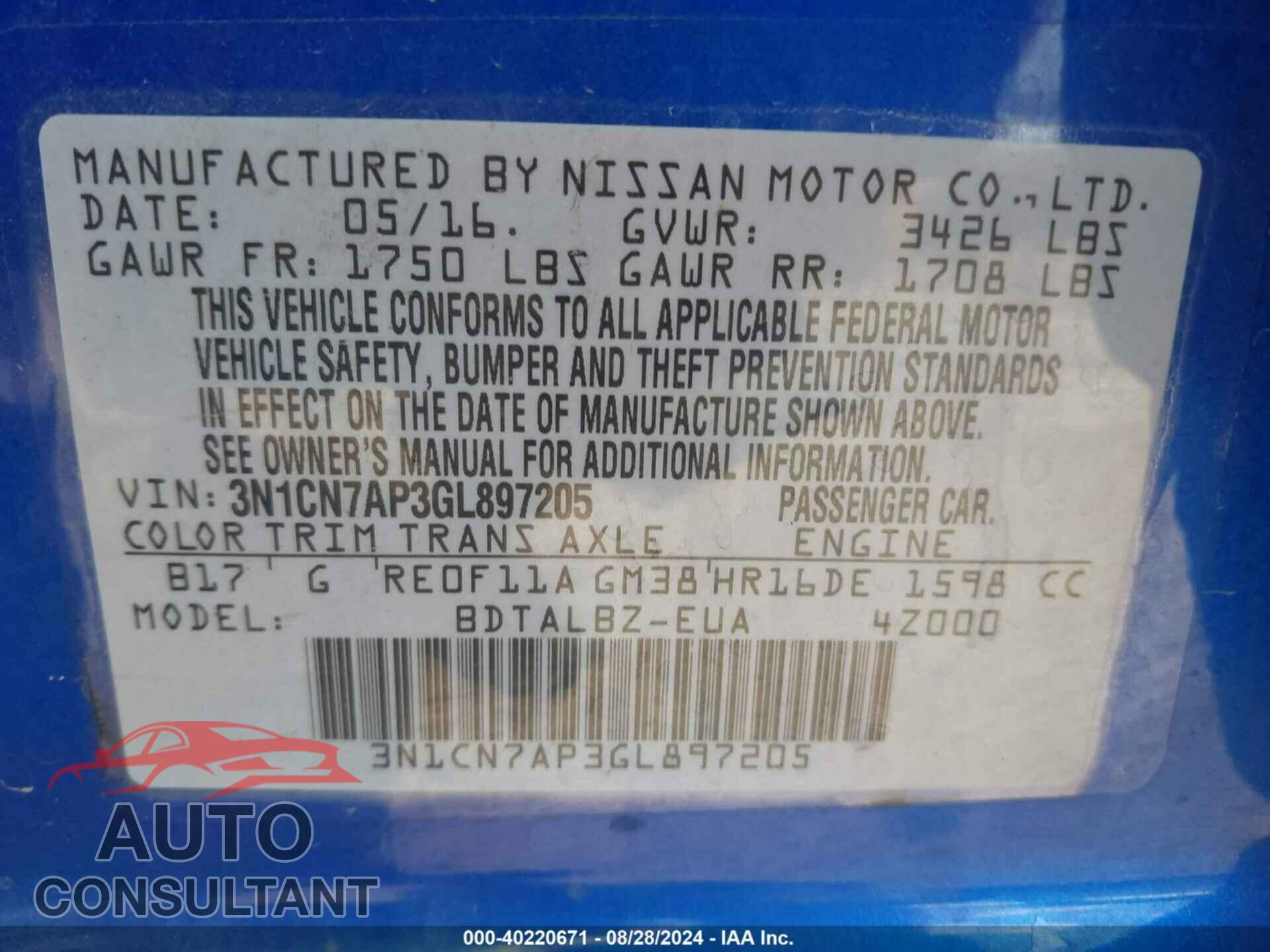 NISSAN VERSA 2016 - 3N1CN7AP3GL897205